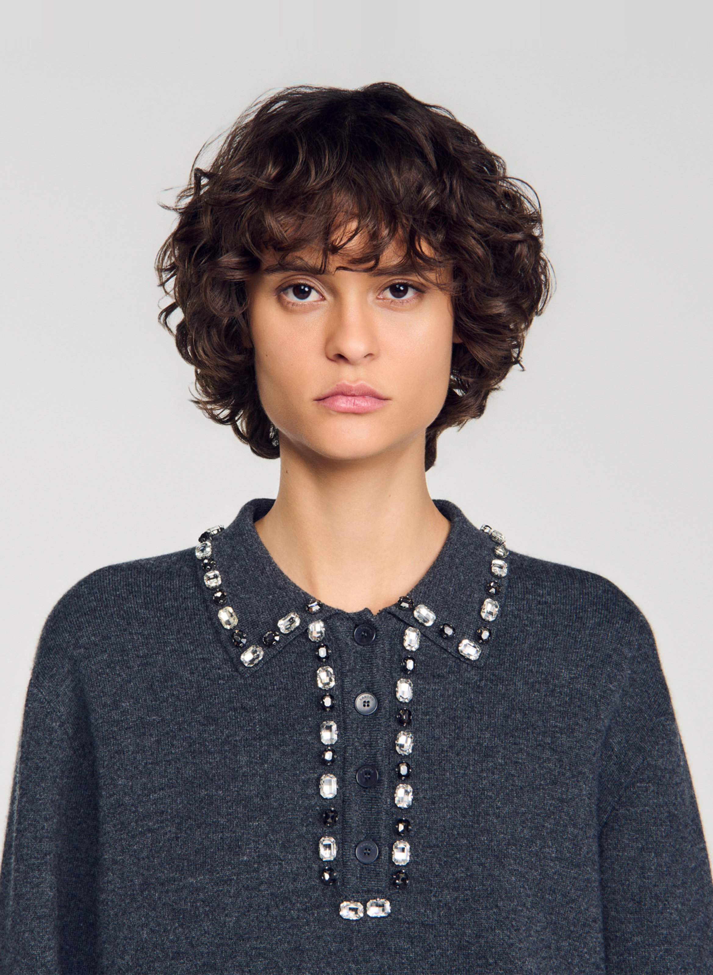 Pull droit col polo en laine mélangée SANDRO Gris