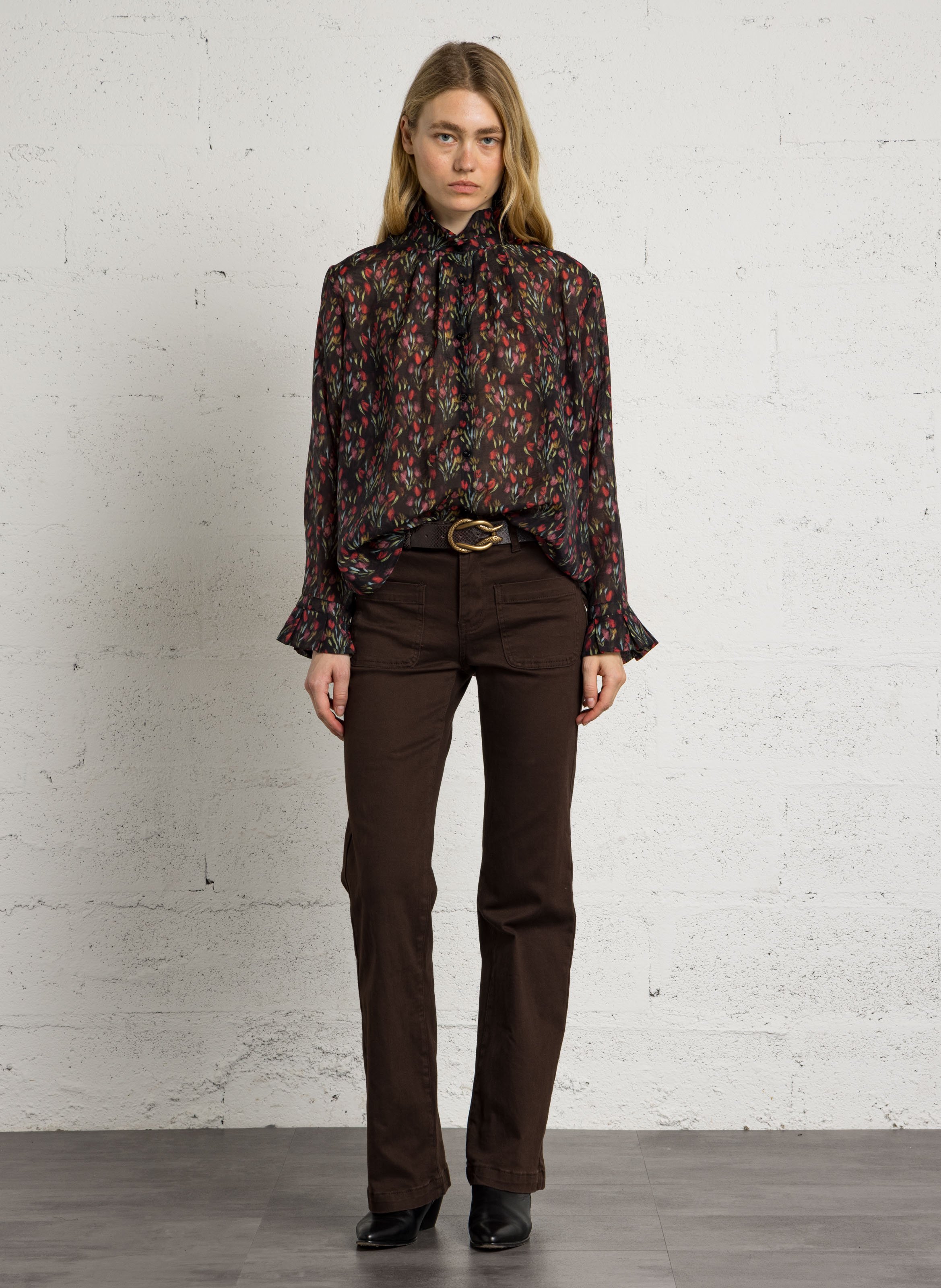 Chemise col montant à imprimé fleuri THE KORNER Noir