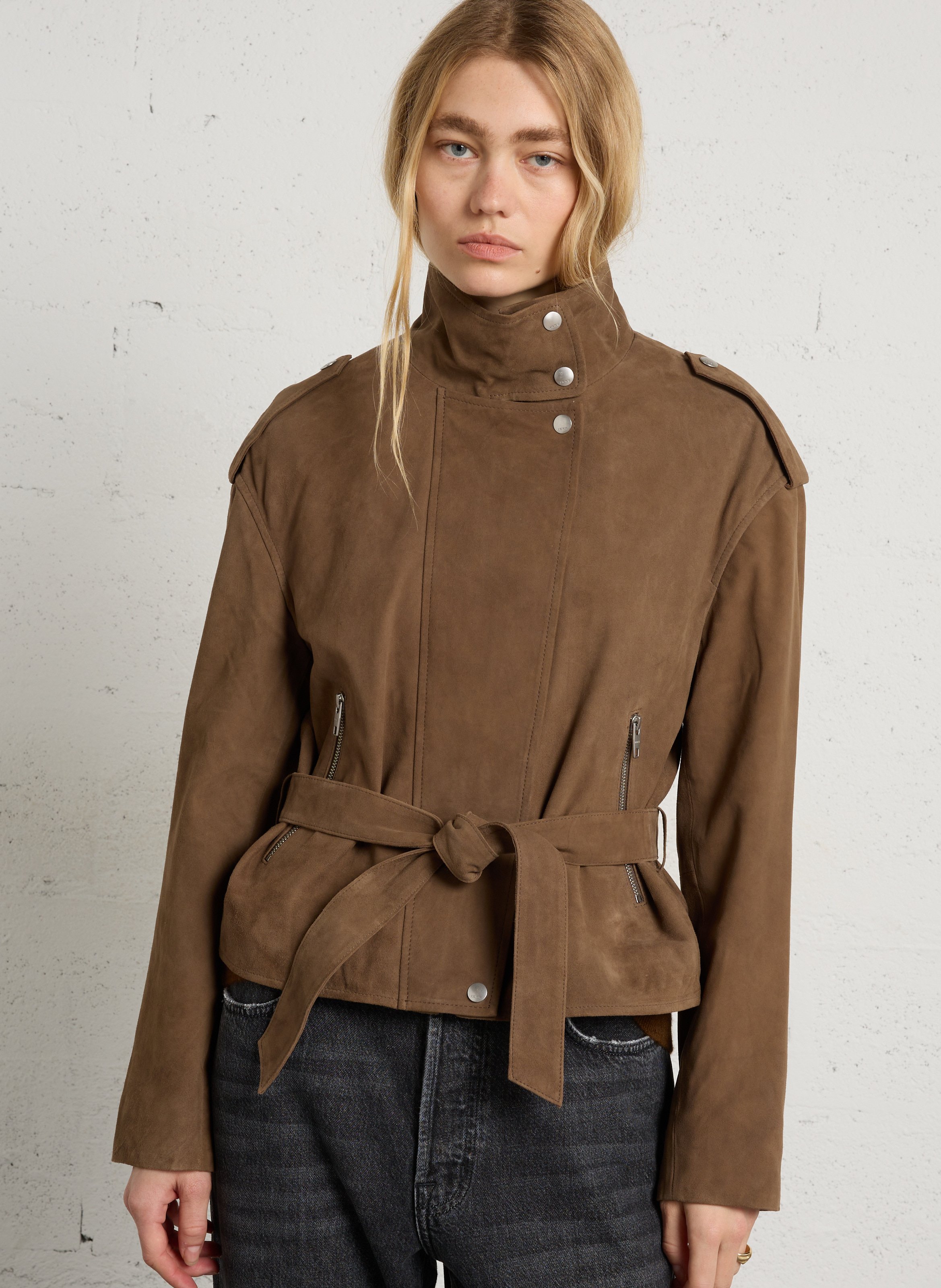 Blouson droit col montant en cuir IKKS Marron