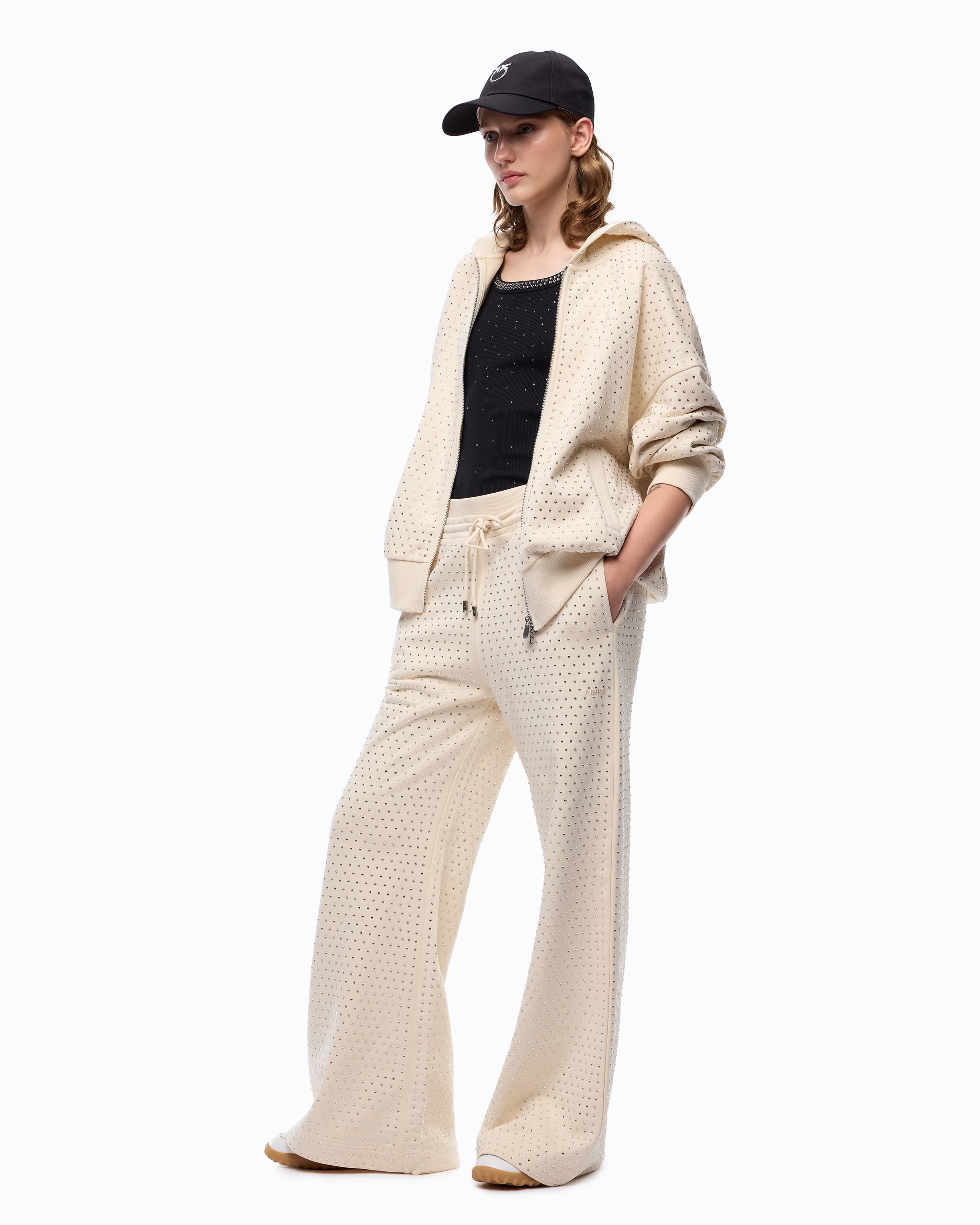 All-over rhinestone fleece trousers PINKO Beige