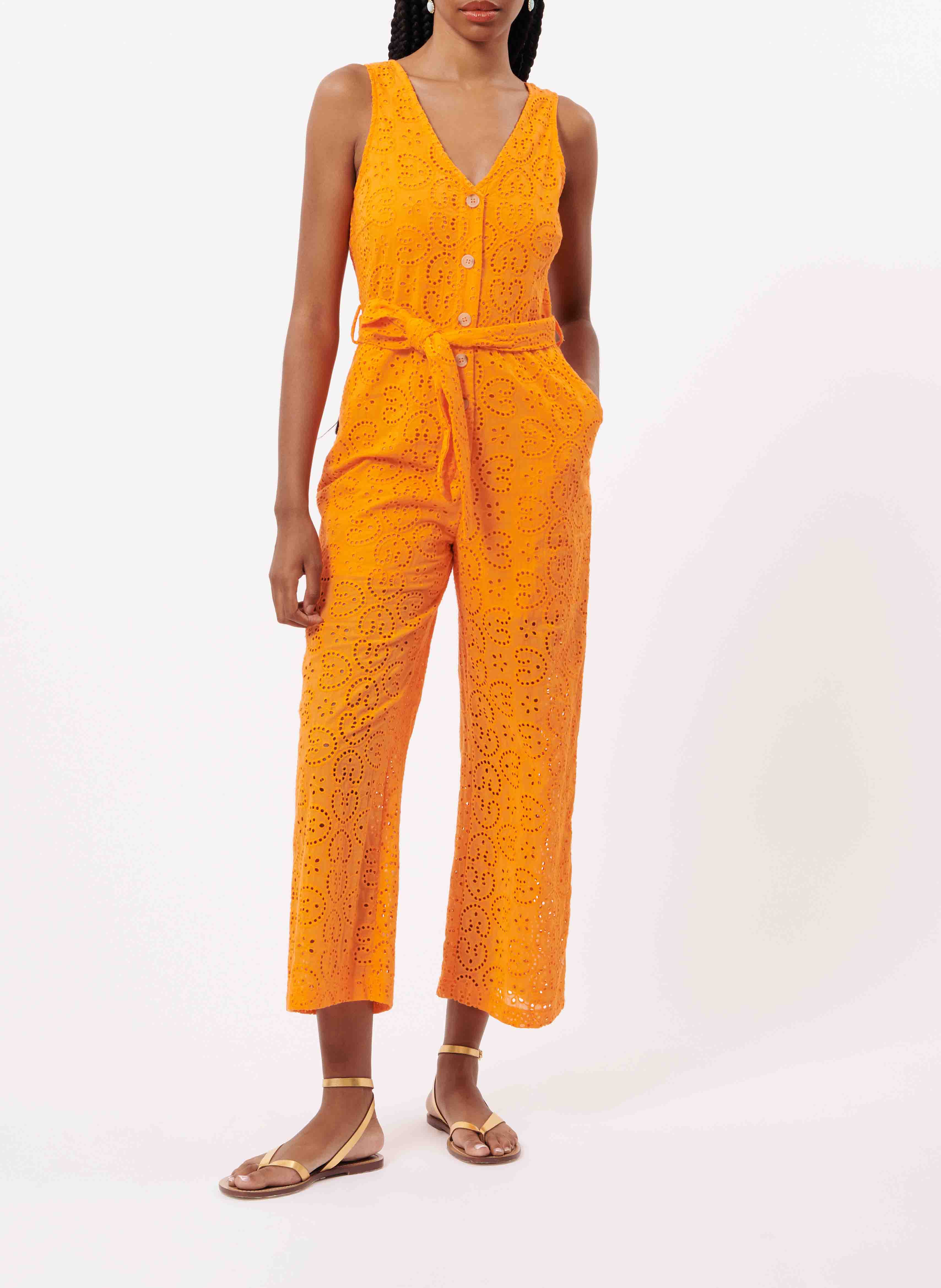 Katoenen jumpsuit met ceintuur en ajour | Oranje