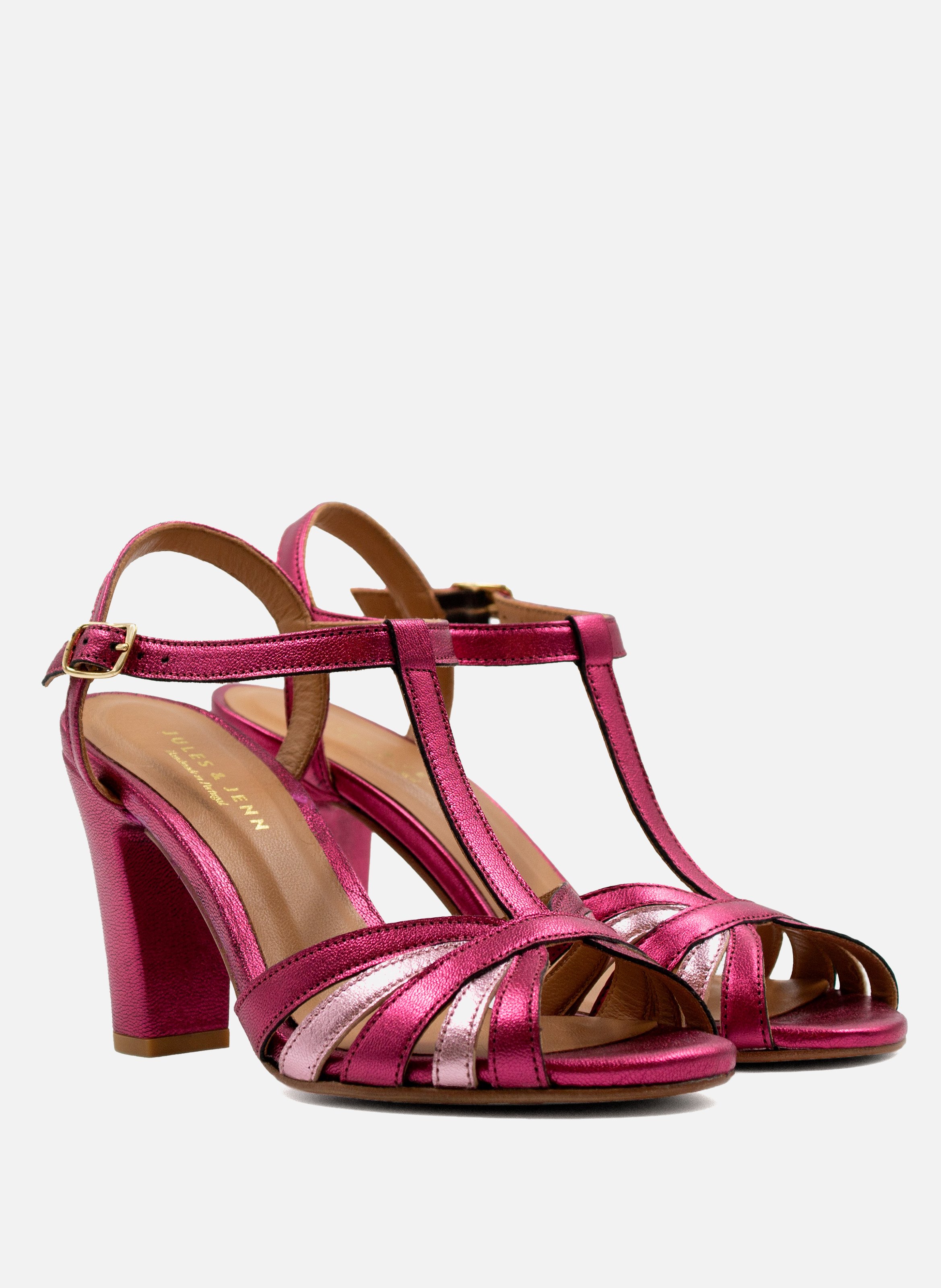 Metallic leather strap sandals with heels JULES & JENN Pink