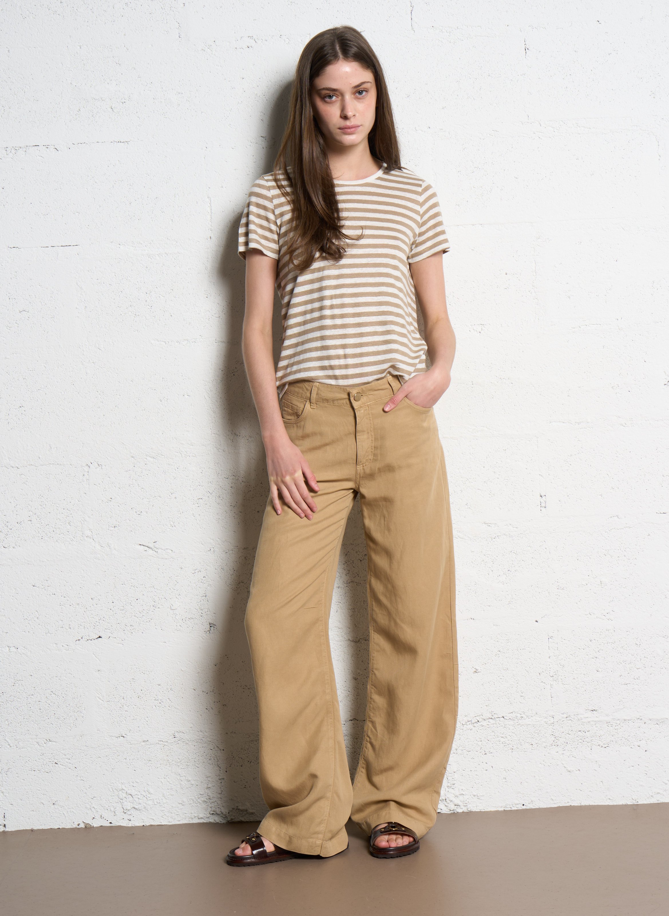 Striped linen blend t-shirt Beige