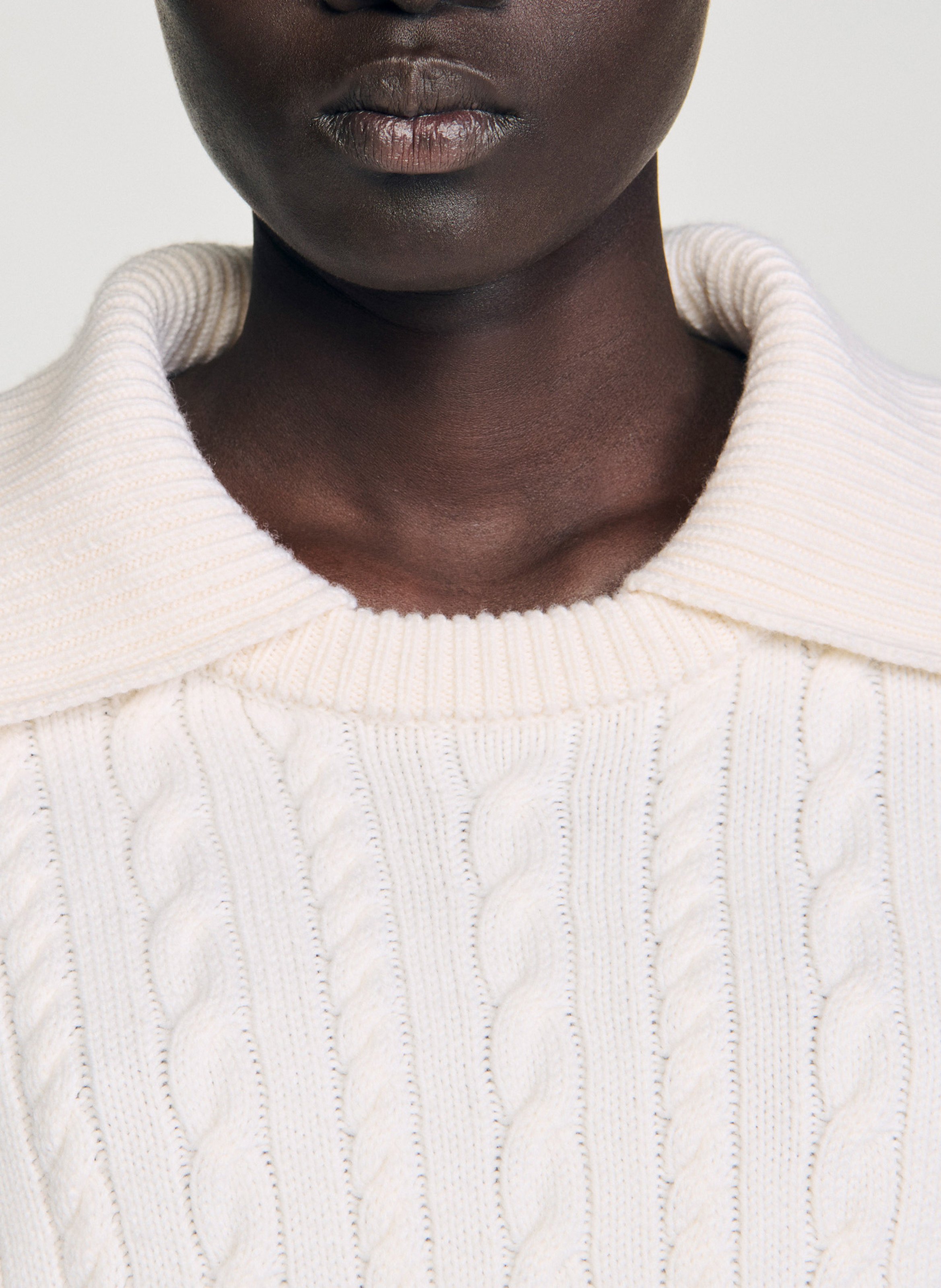 Pull col à revers en maille tressée SANDRO Blanc