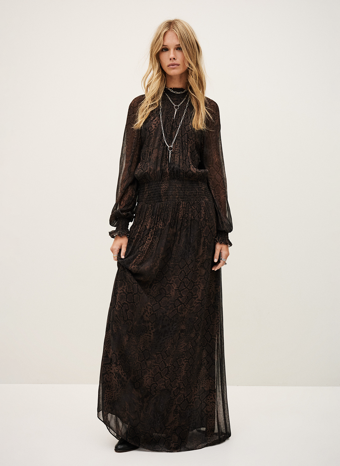 Robe longue col montant imprimée BA&SH Marron