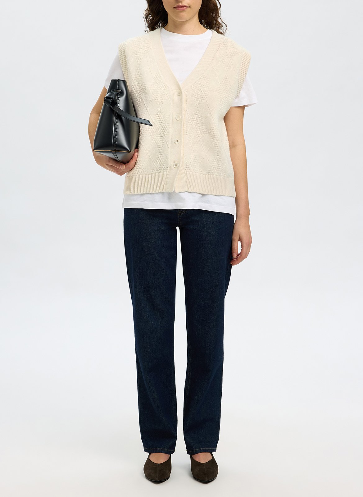 Gilet droit col V en coton et laine SELECTED Blanc