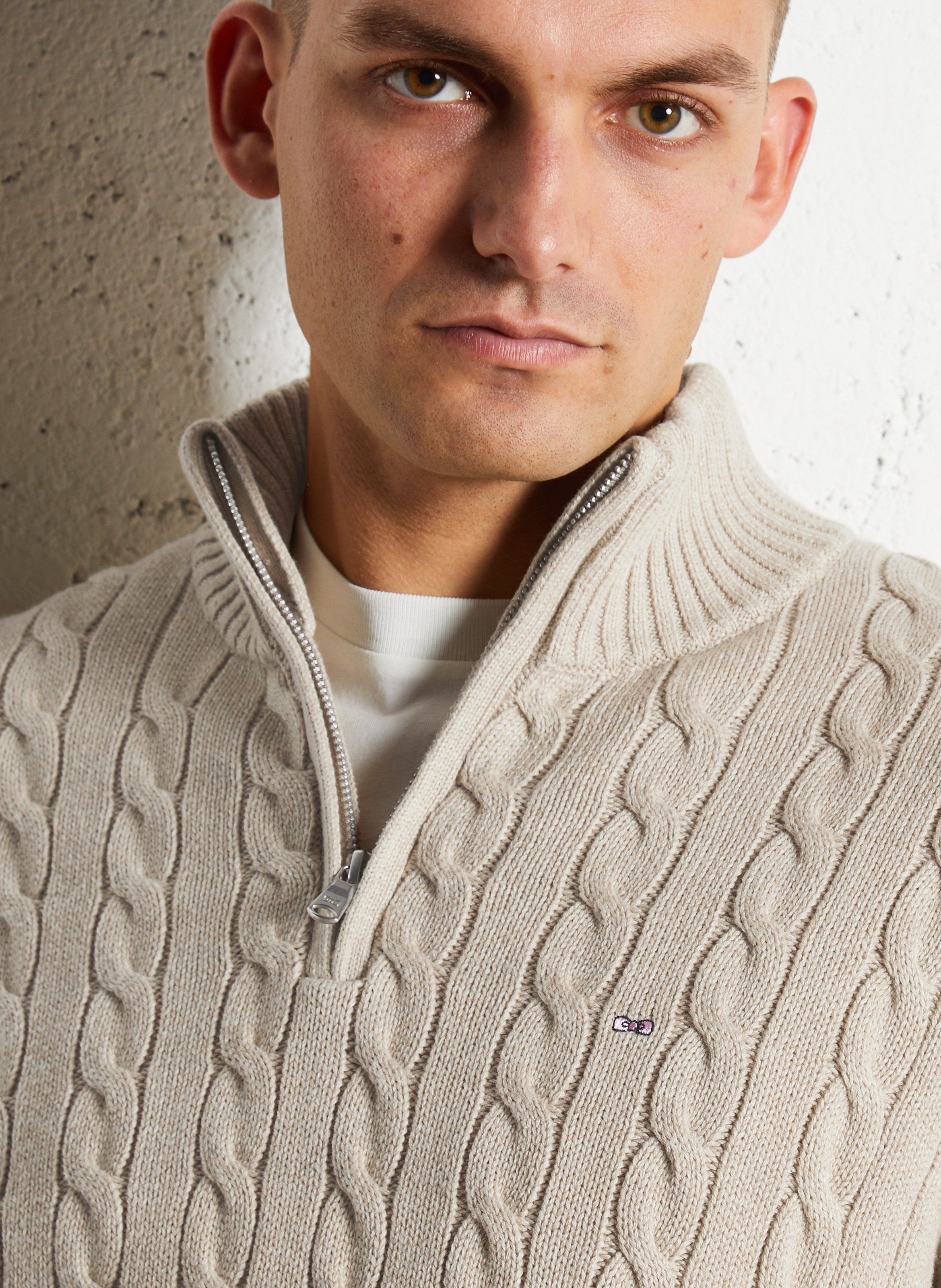 Pull droit col montant brodé en coton torsadé EDEN PARK Beige