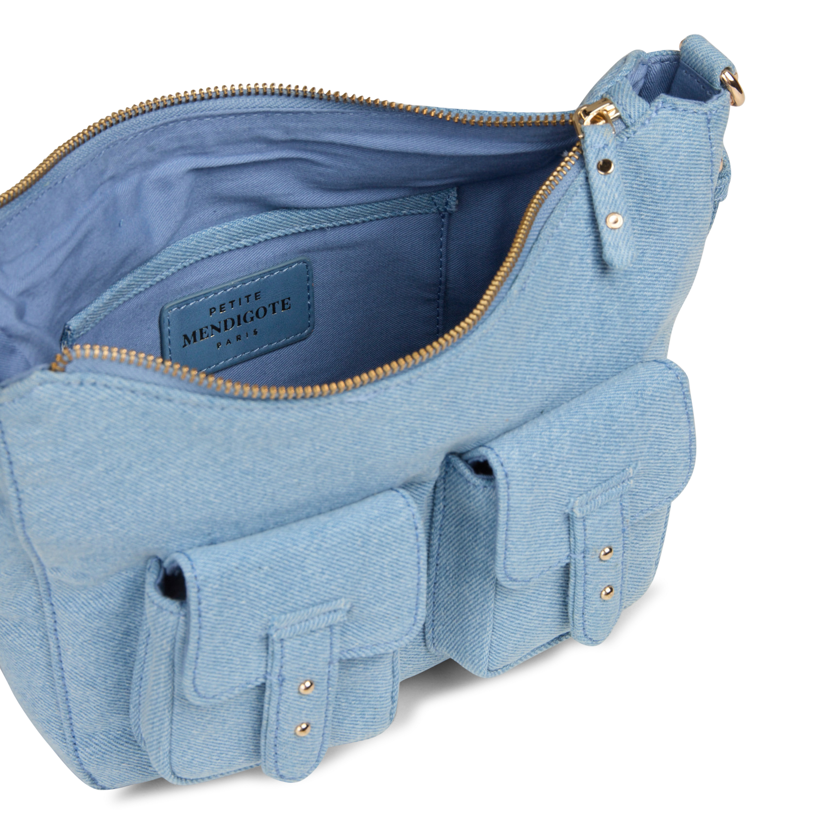 Schoudertas in cargostijl van denim. PETITE MENDIGOTE Blauw