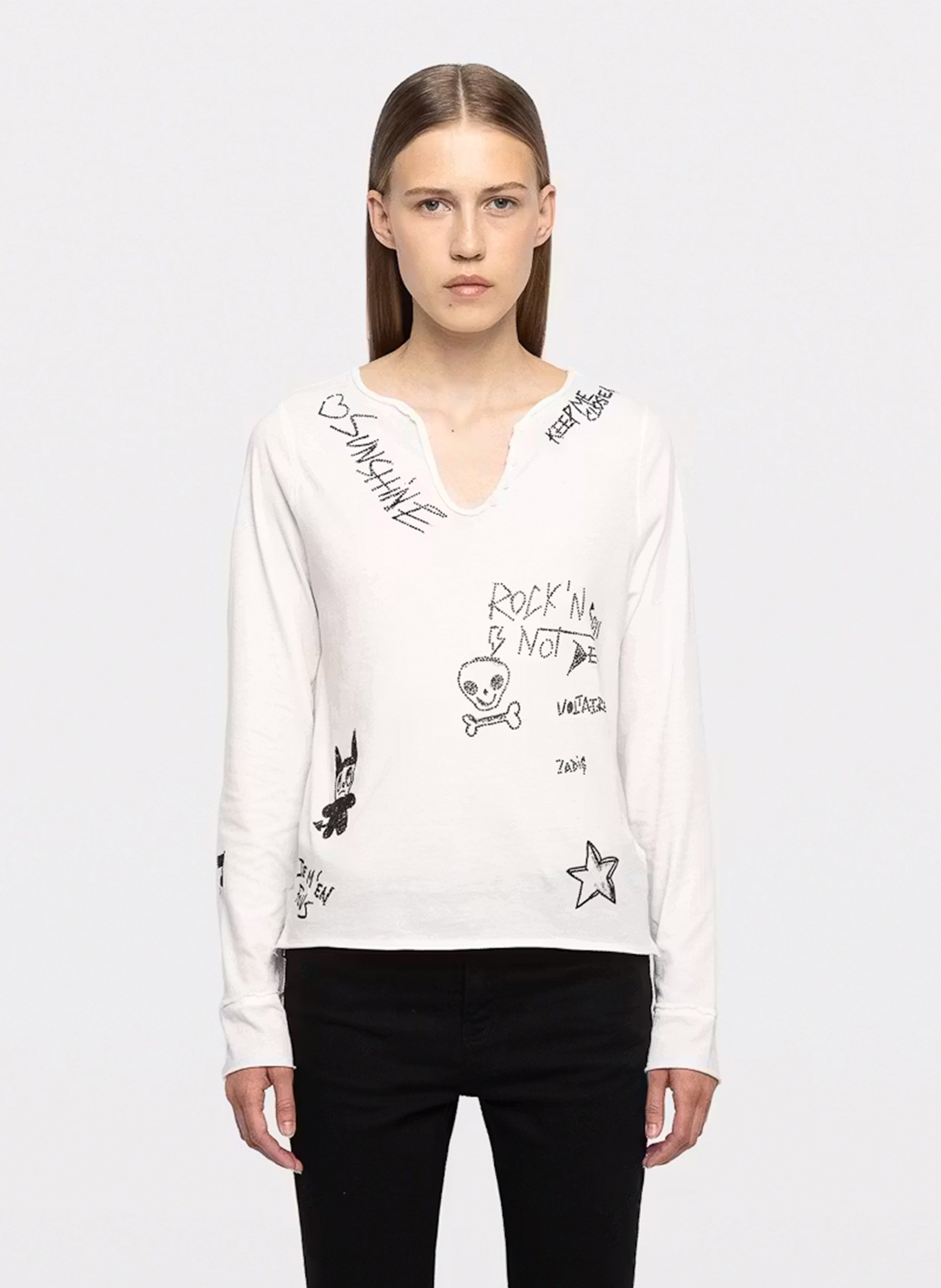 Tee-shirt droit col tunisien en coton ZADIG&VOLTAIRE Blanc