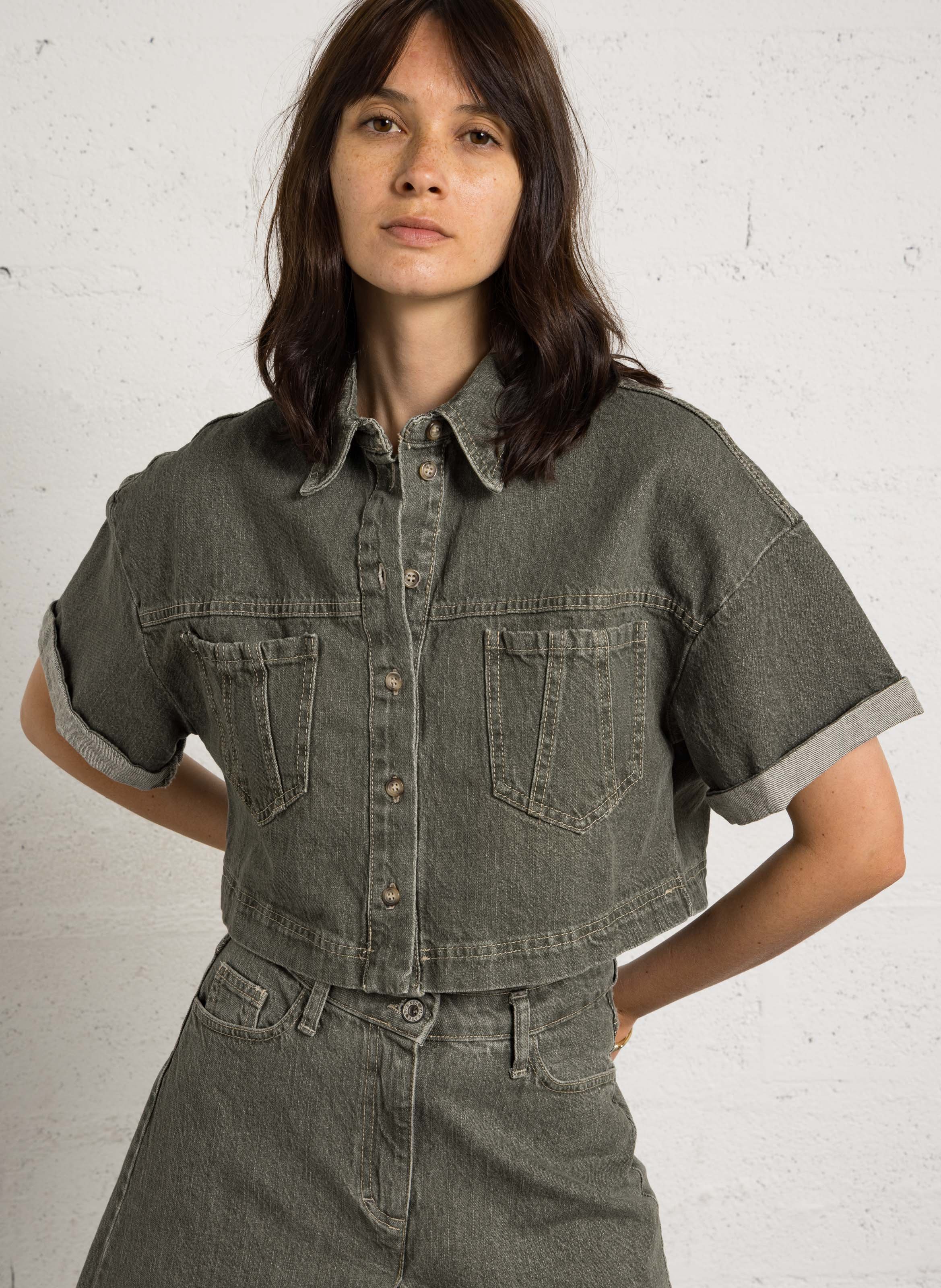 Veste en jean courte en coton mélangé PLEASE Vert