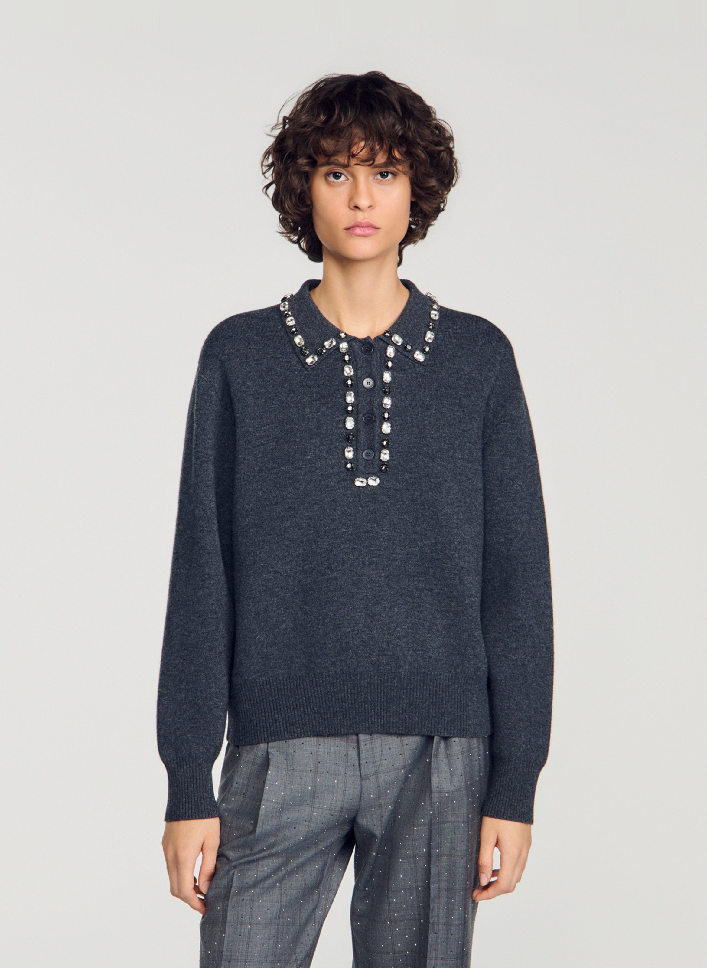 Pull droit col polo en laine mélangée SANDRO Gris