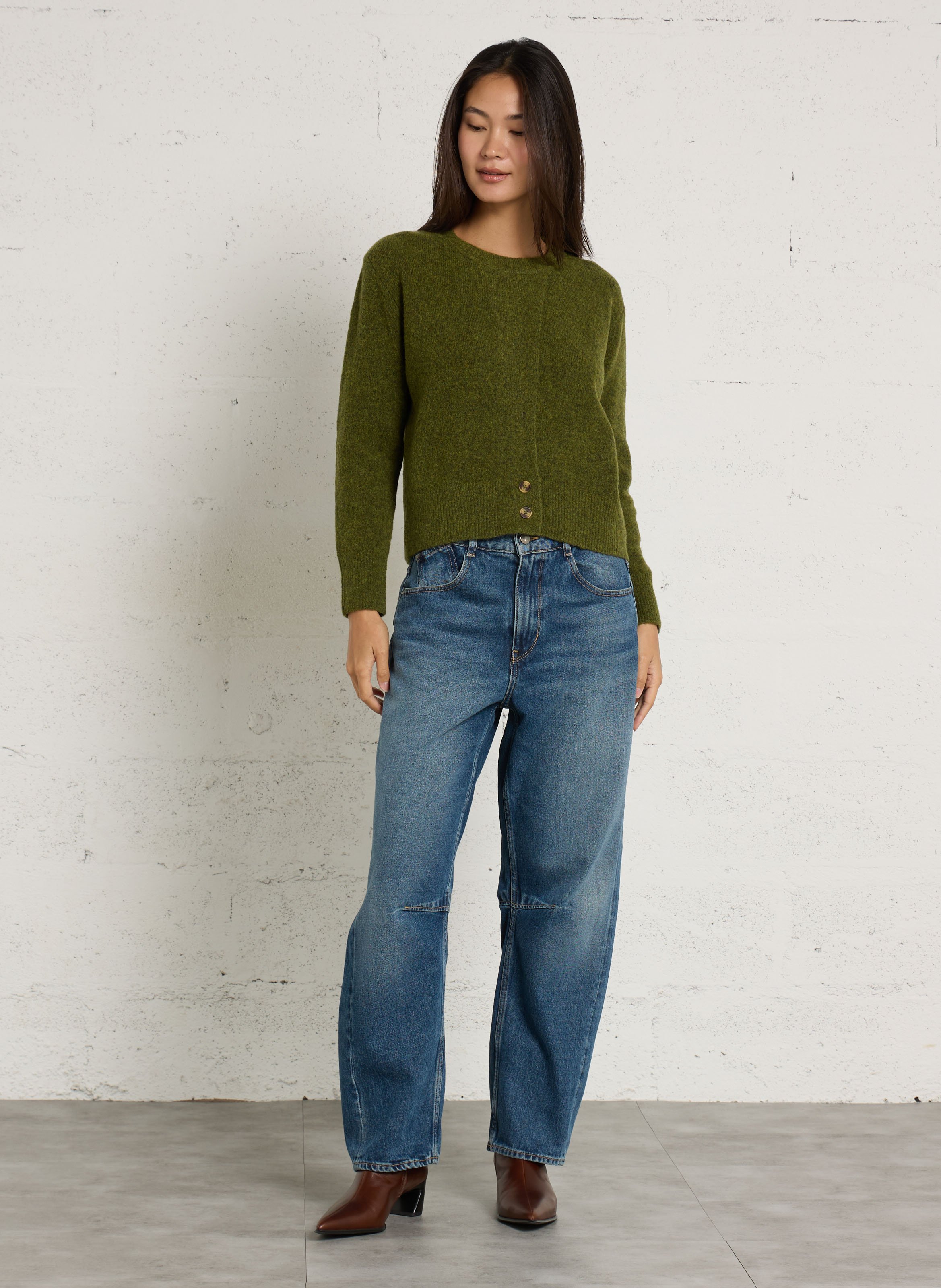 Pull col rond droit en laine mélangée NICE THINGS Kaki