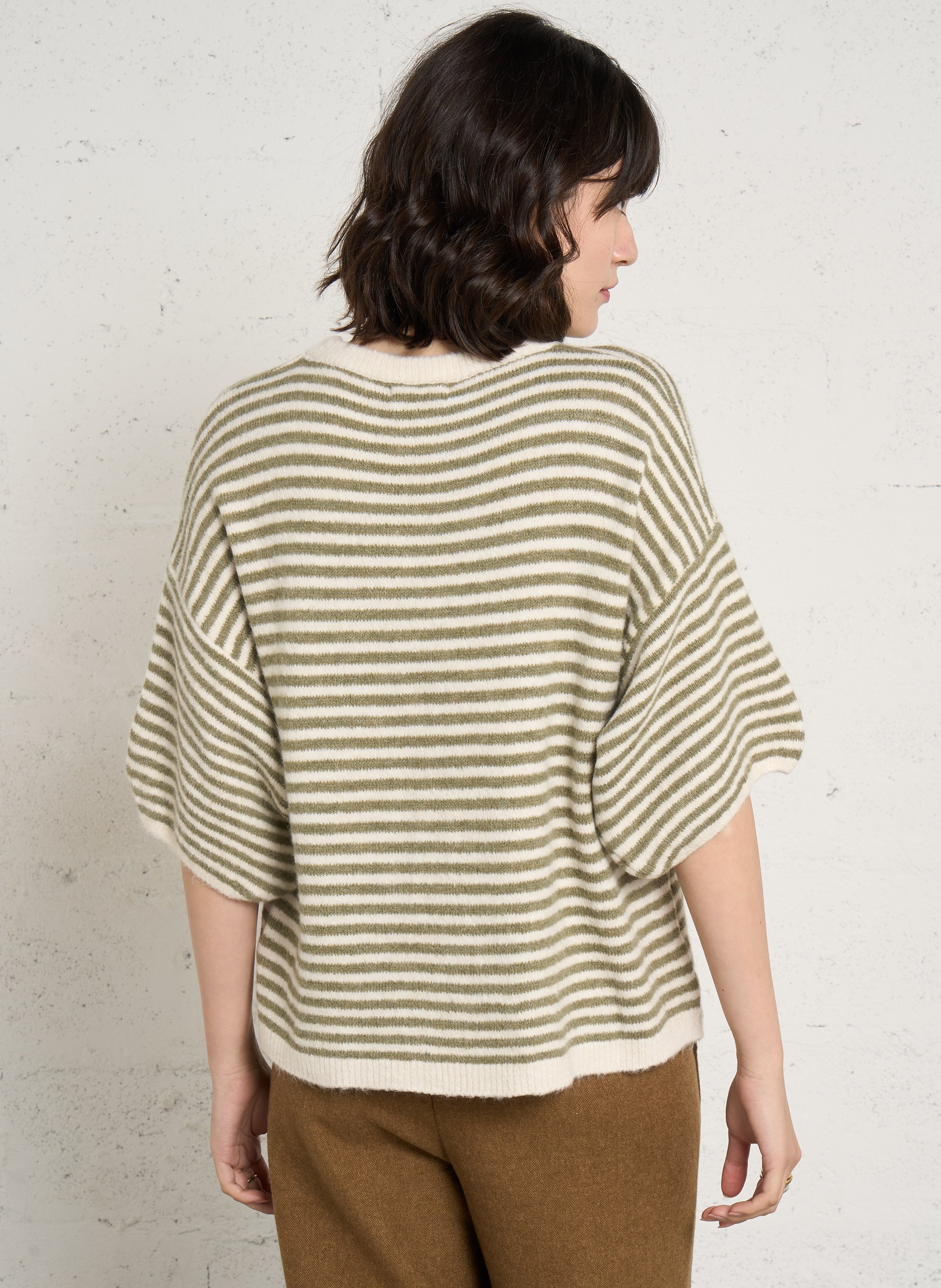 Loose-fitting striped short sleeves PLEASE Beige