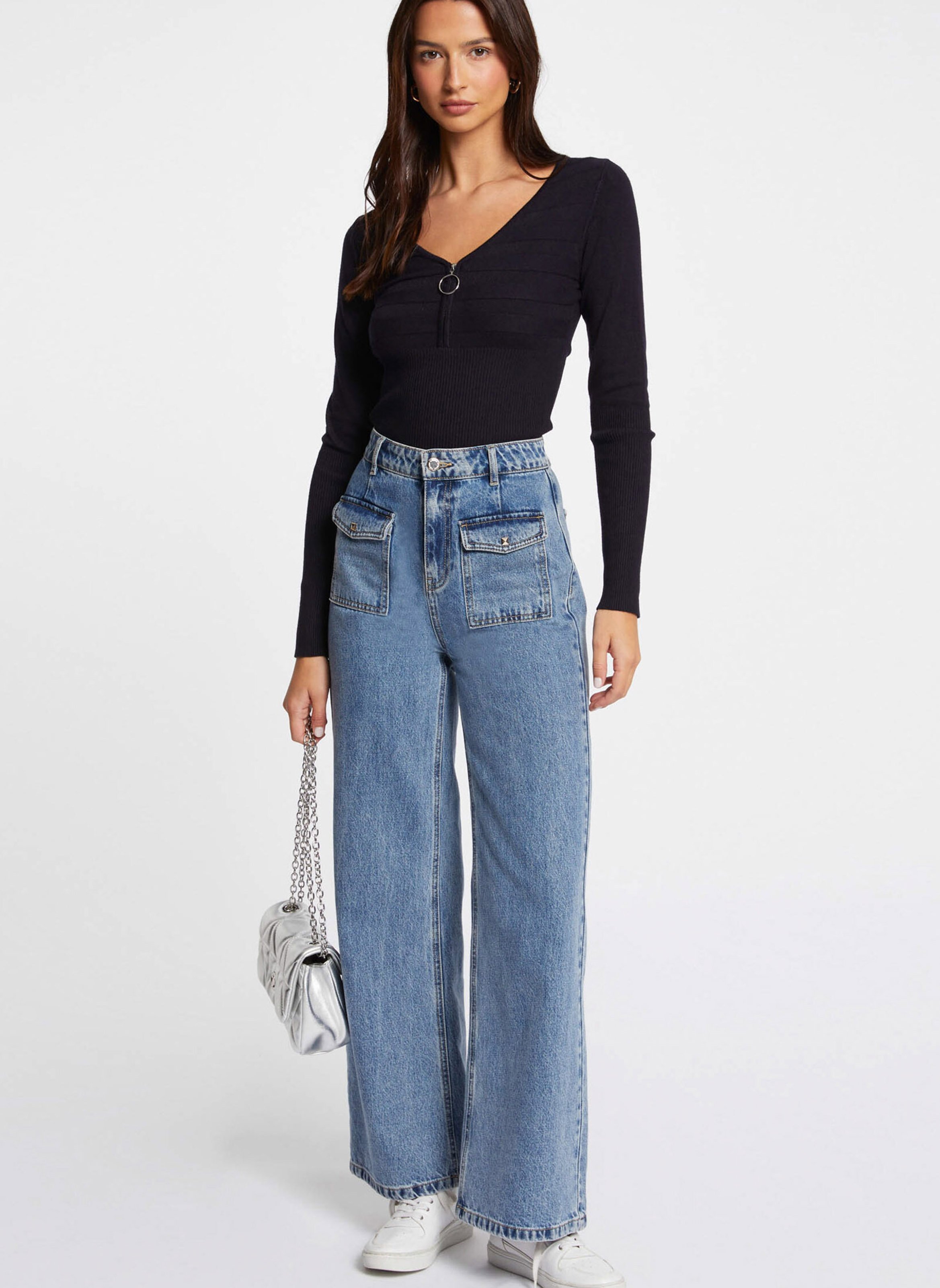 Pull col V zippé MORGAN Bleu