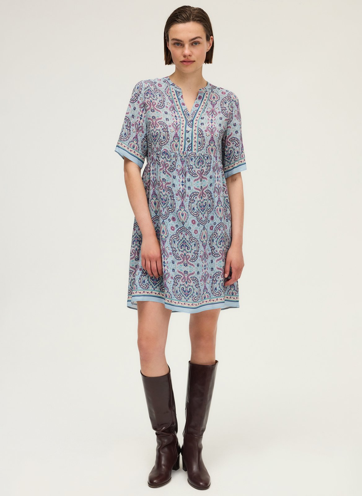 Robe courte col tunisien imprimée PABLO Bleu