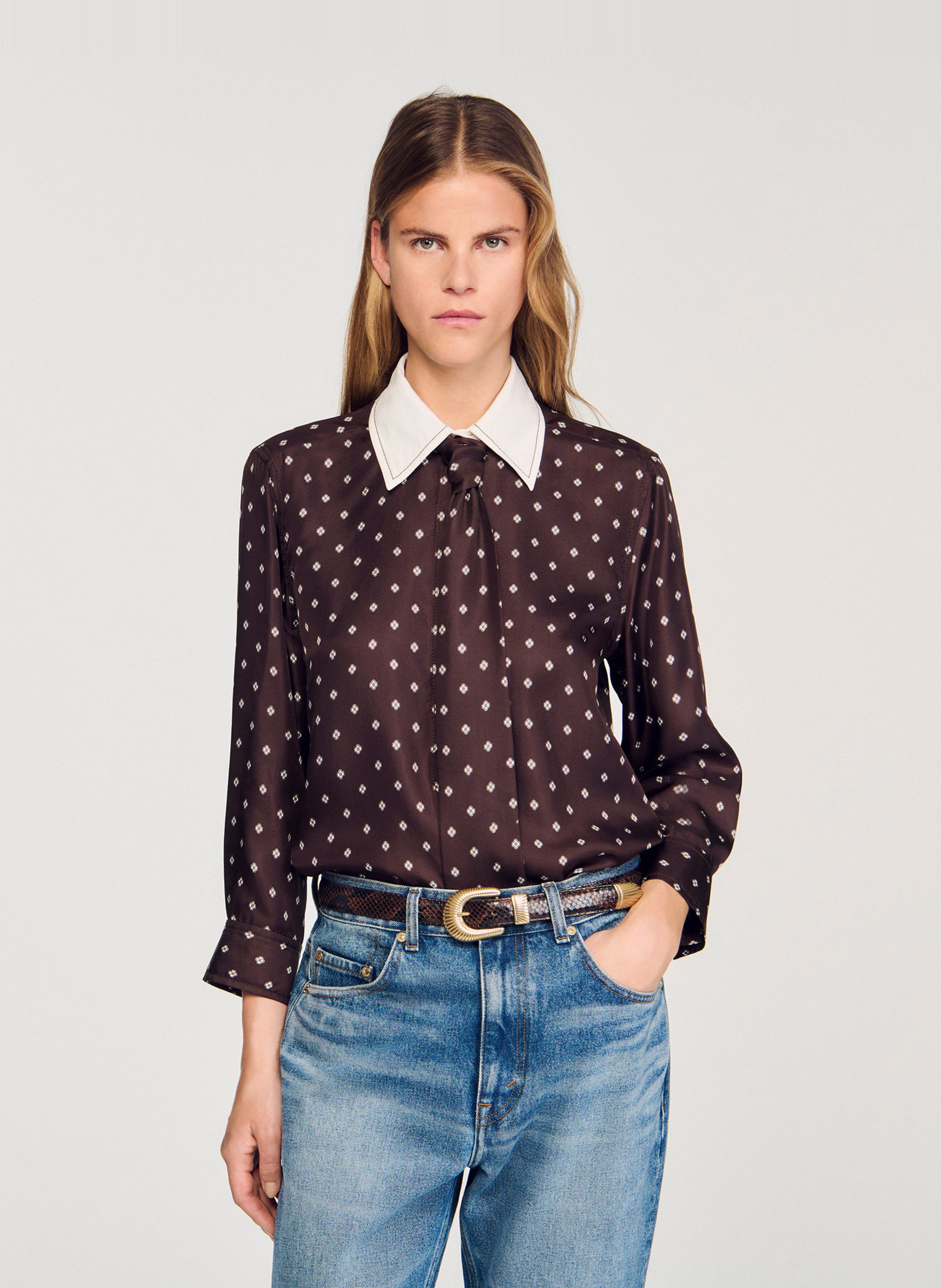 Chemise à pois en soie SANDRO Marron