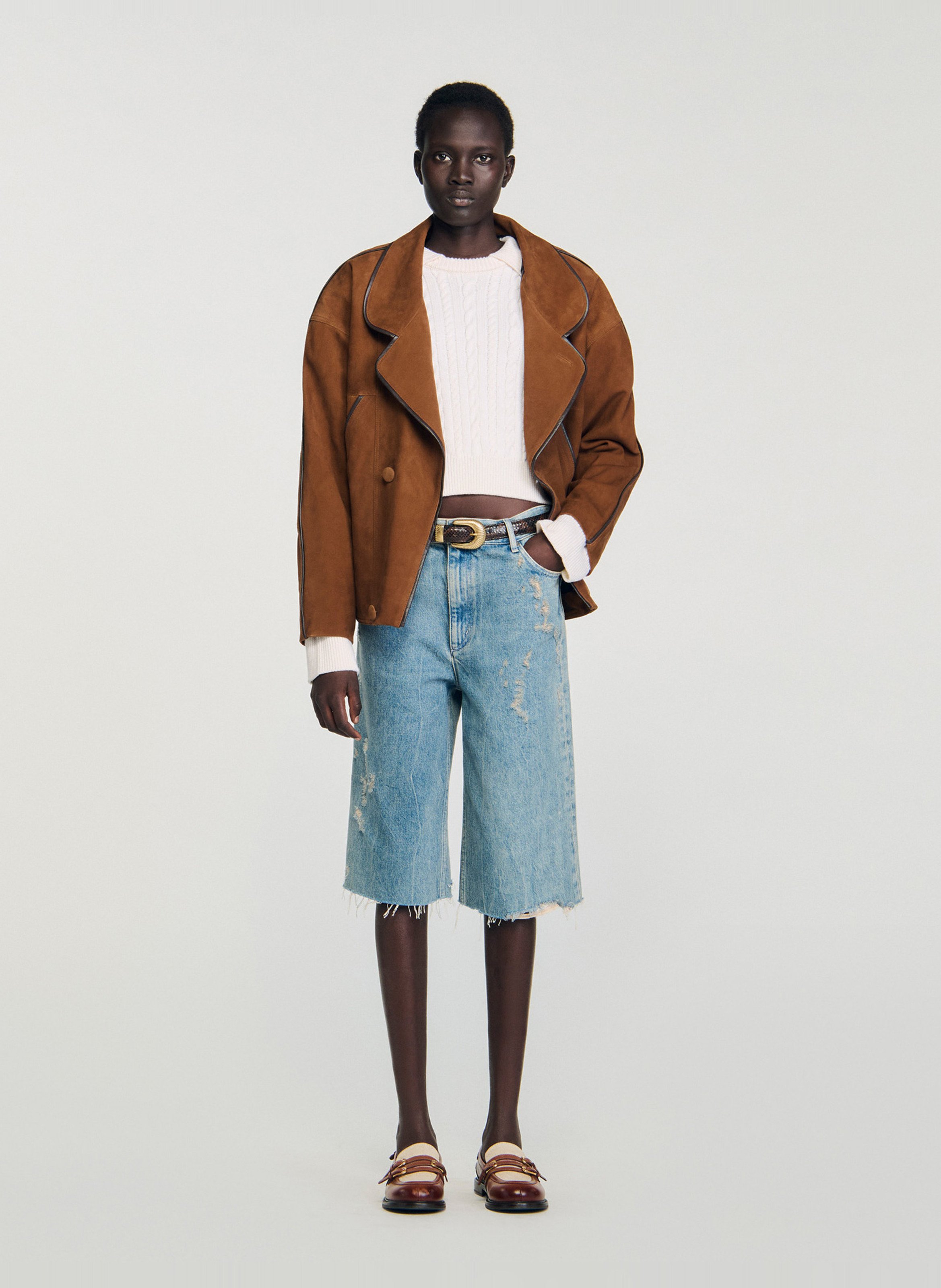 Pull col à revers en maille tressée SANDRO Blanc