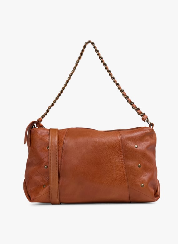 Schultertasche aus genarbtem leder Whiskey brown Pieces Damen