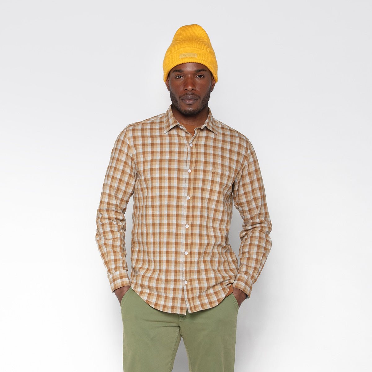 Checked long-sleeved shirt Beige