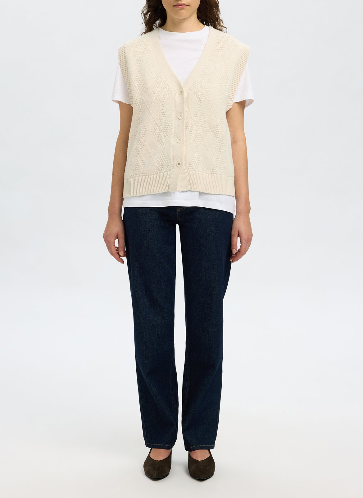 Gilet droit col V en coton et laine SELECTED Blanc