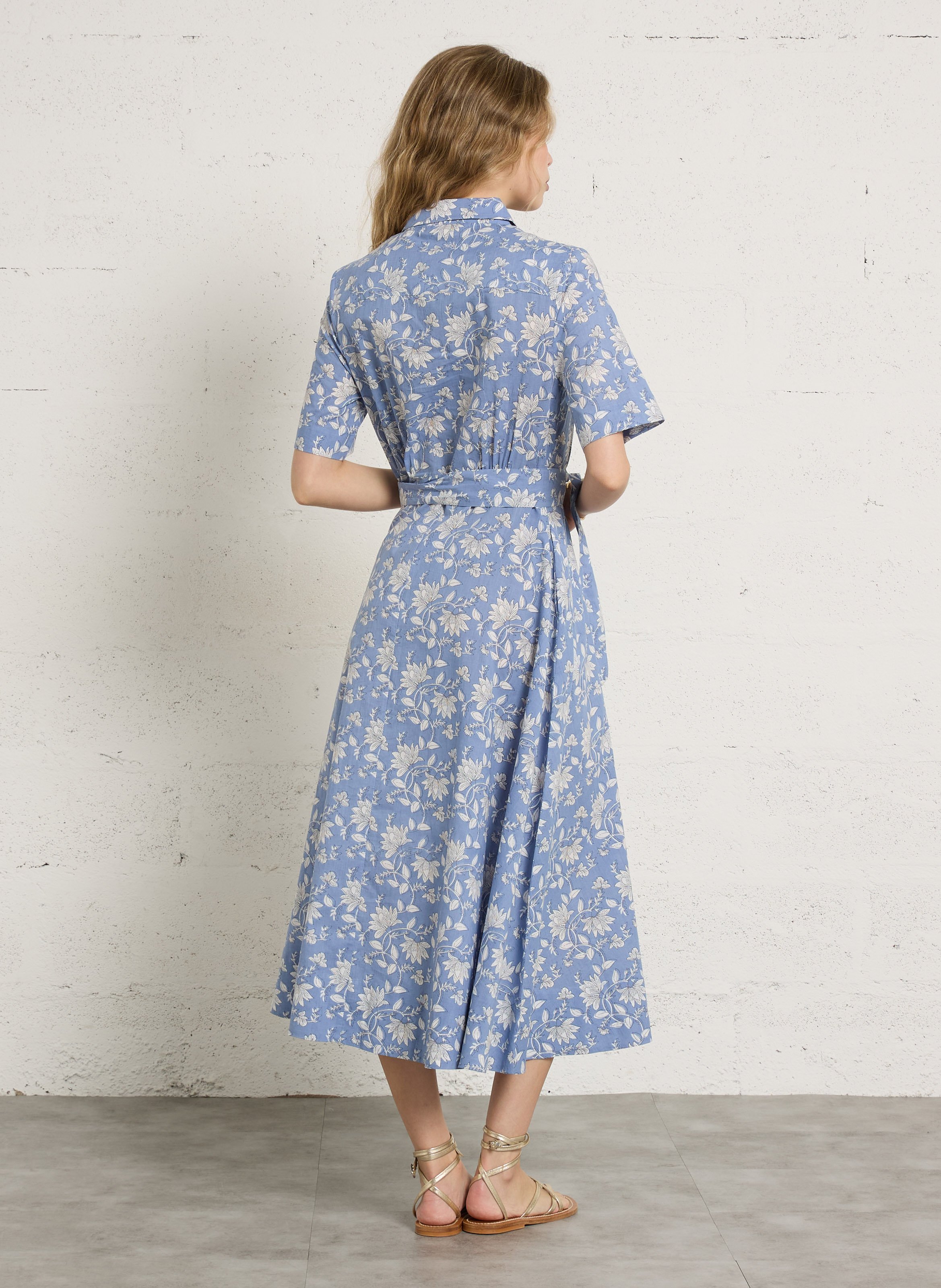 Katoenen lange jurk met klassieke kraag en bloemenprint BELLA JONES Blauw