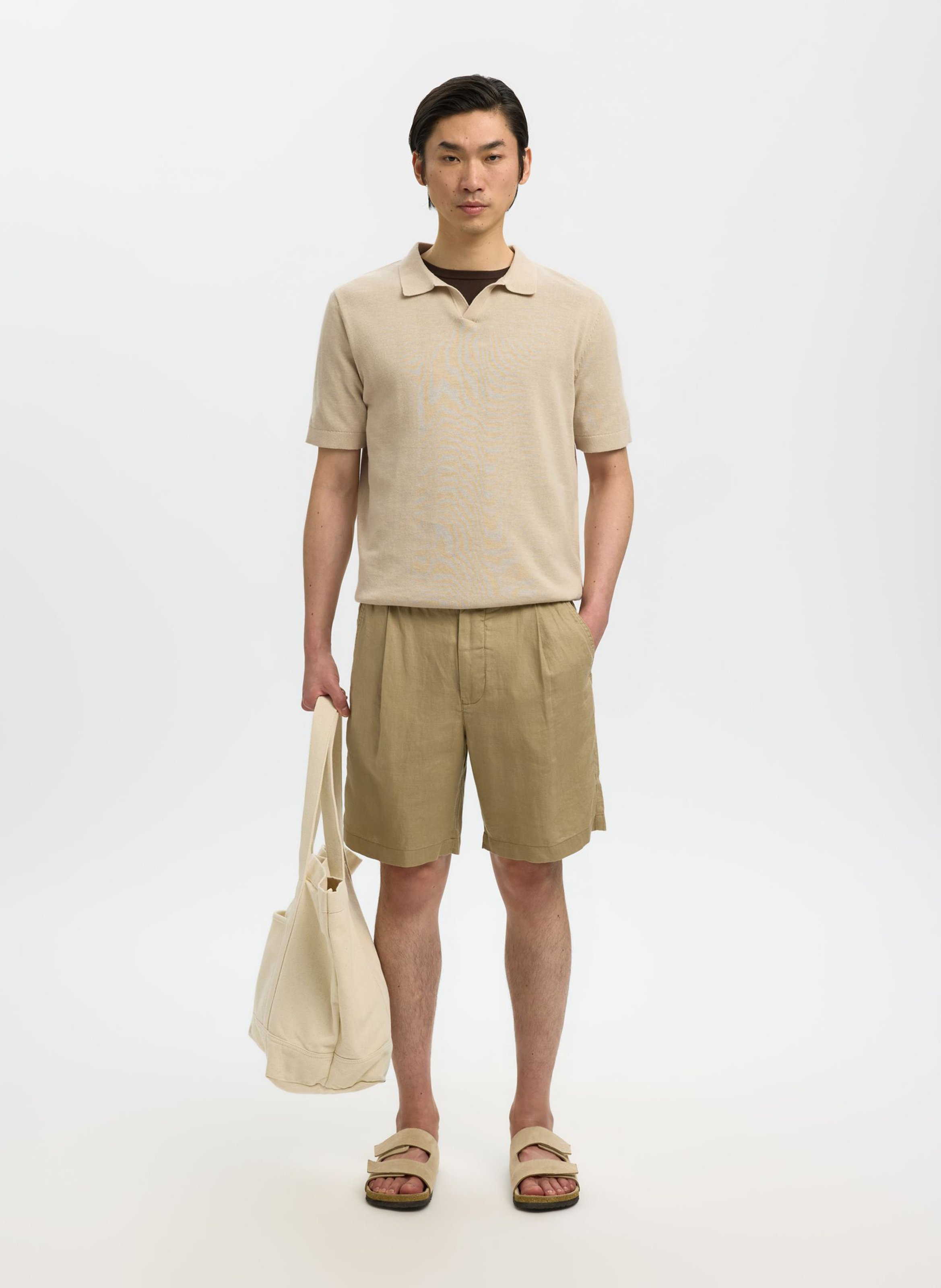 Gerade geschnittenes Poloshirt aus Bio-Baumwoll-Mix SELECTED Beige