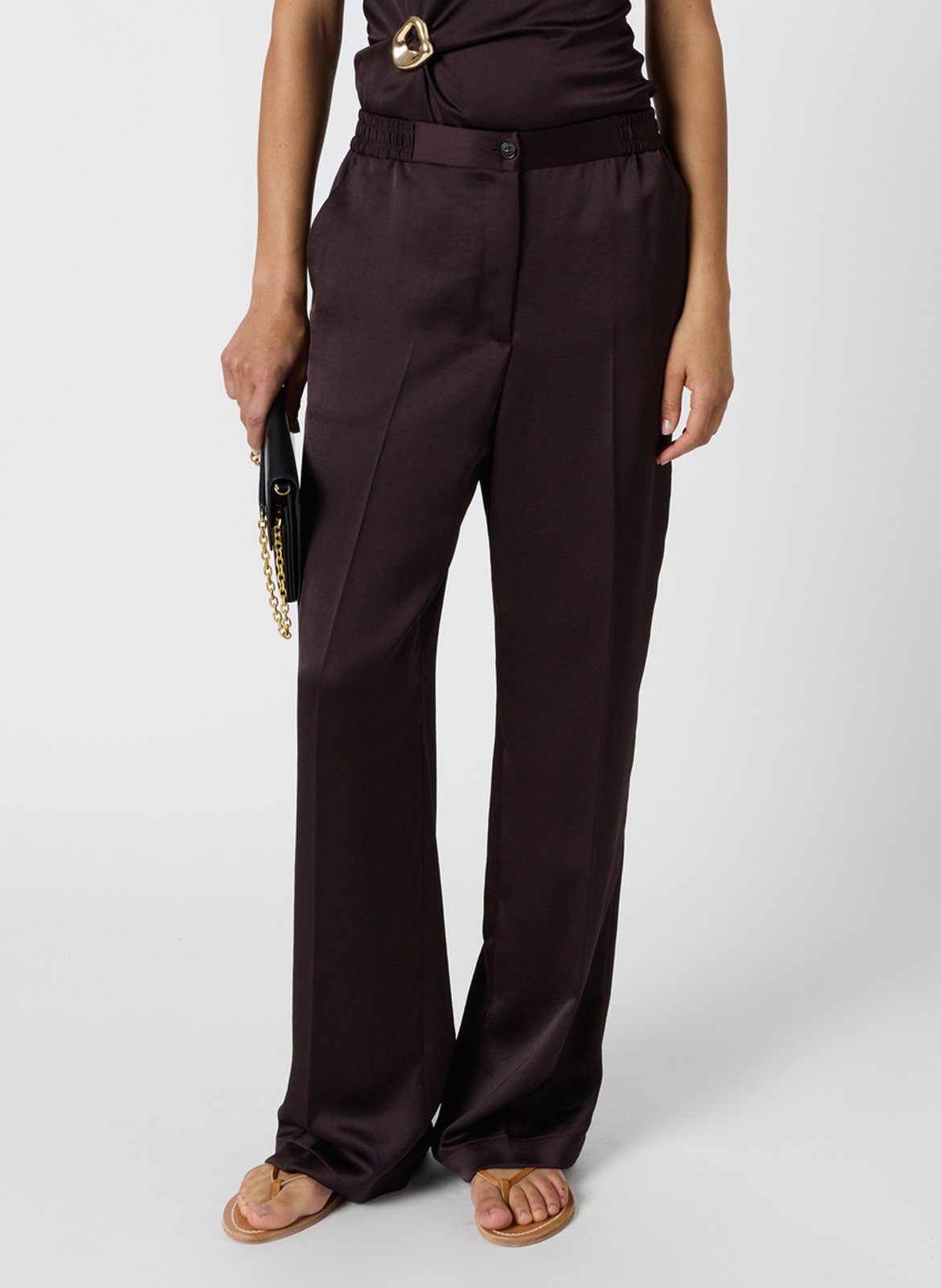 Pantalon droit taille haute en satin uni GERARD DAREL Marron