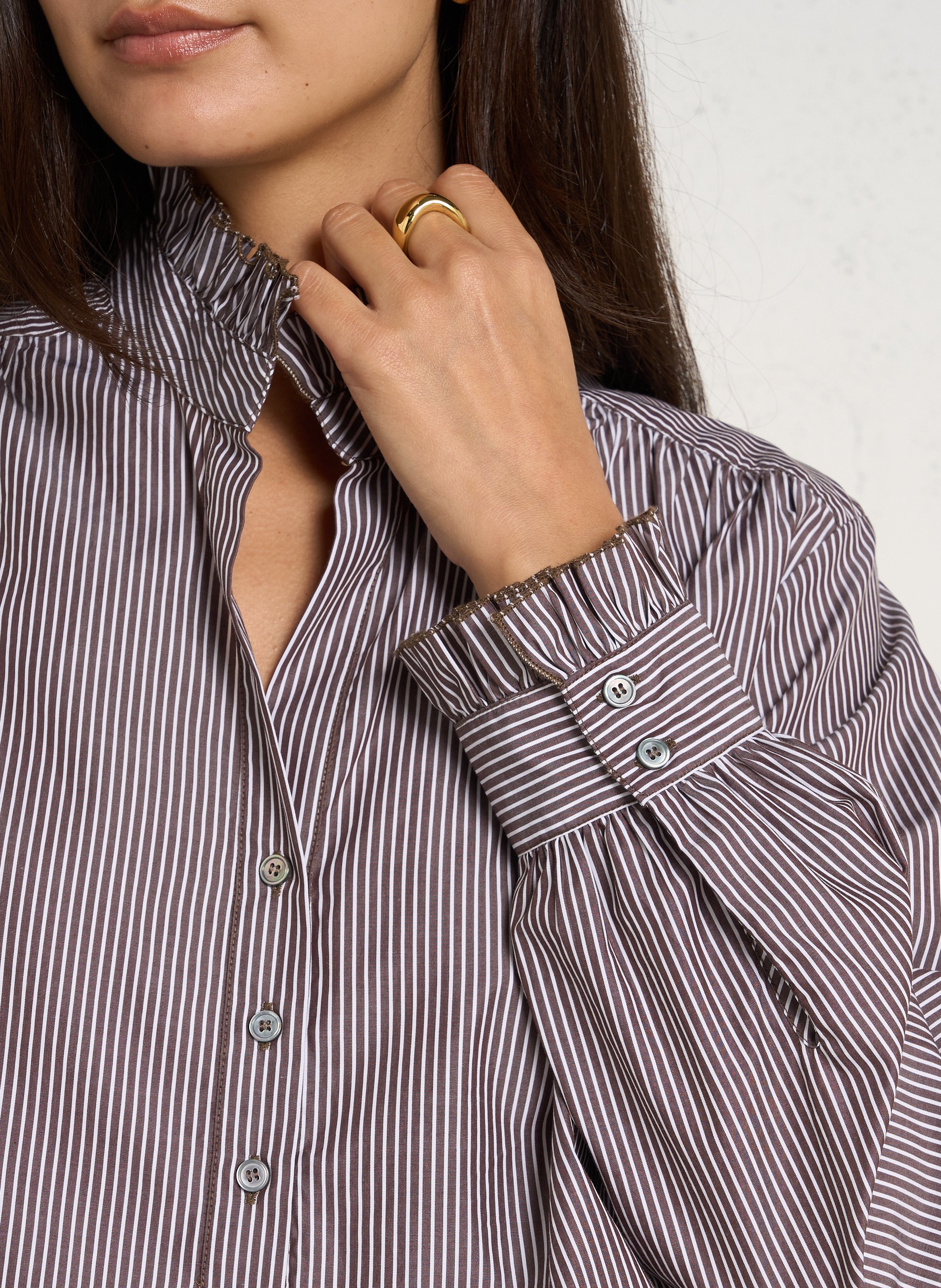 Blouse droite col rond en coton rayé POMANDERE Marron