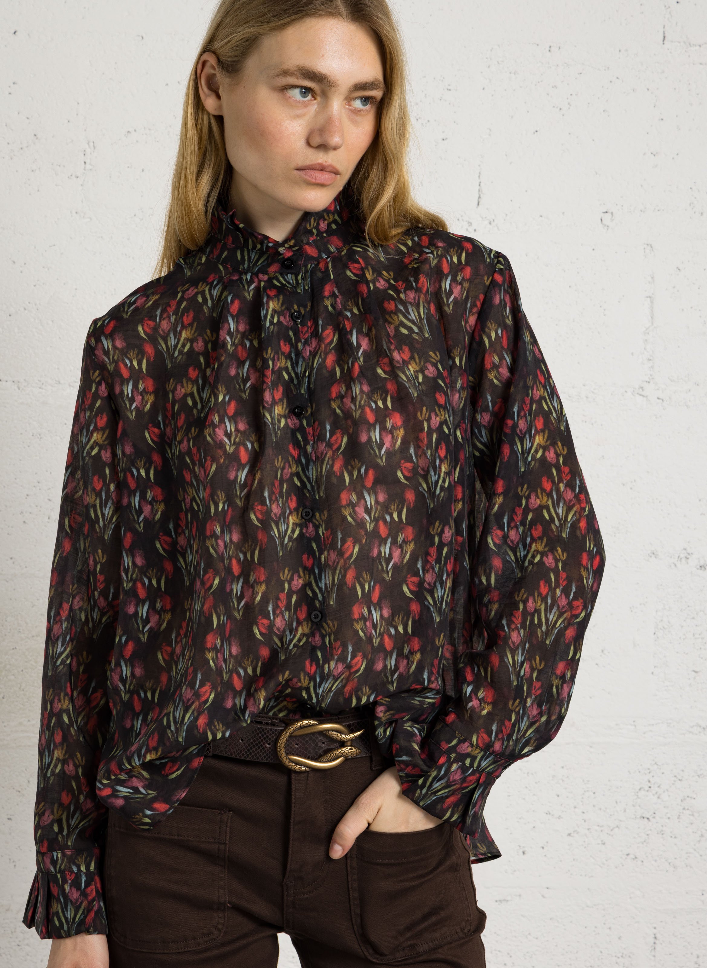 Chemise col montant à imprimé fleuri THE KORNER Noir