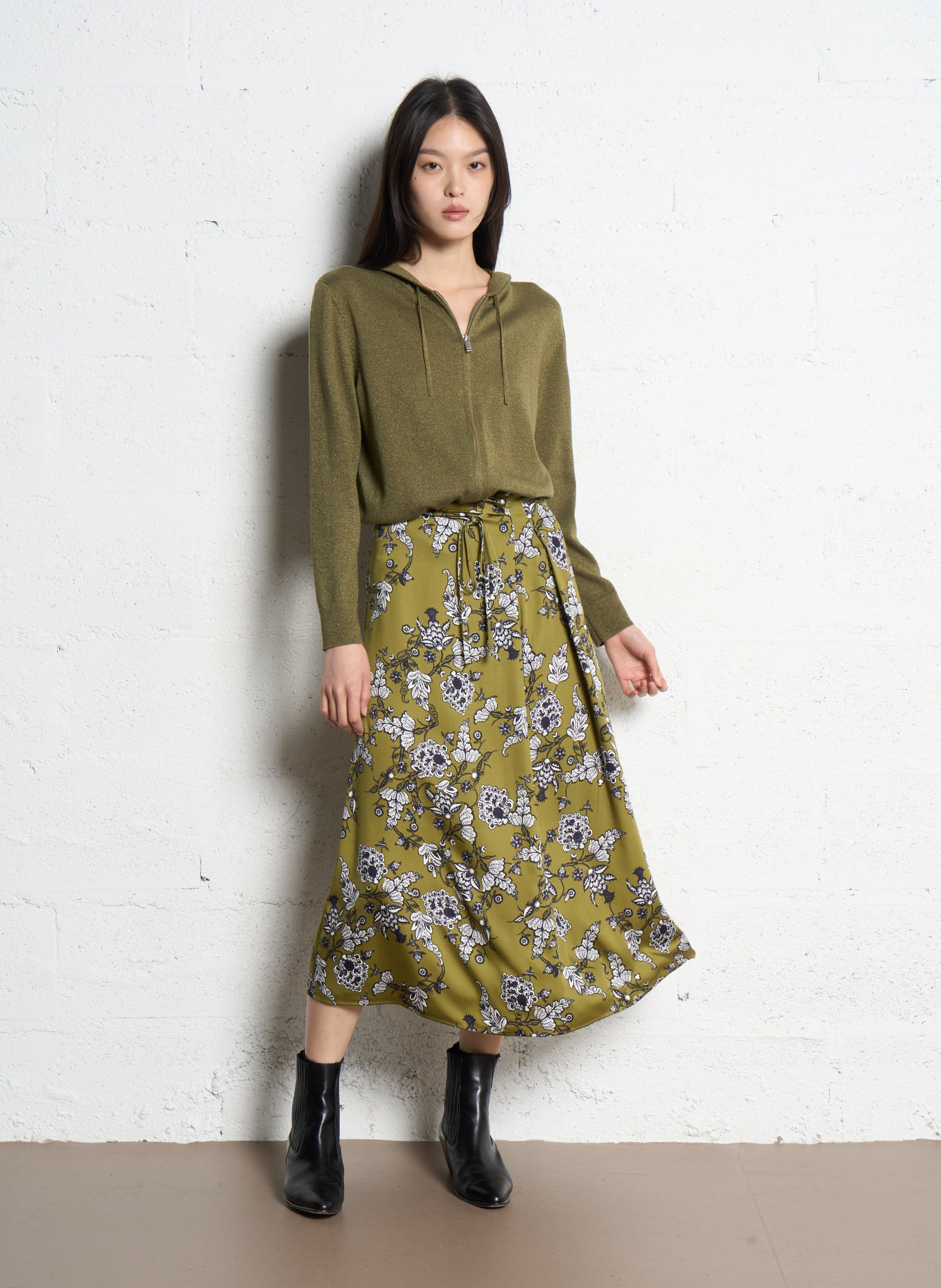 Gilet zippé à capuche en maille IKKS Kaki