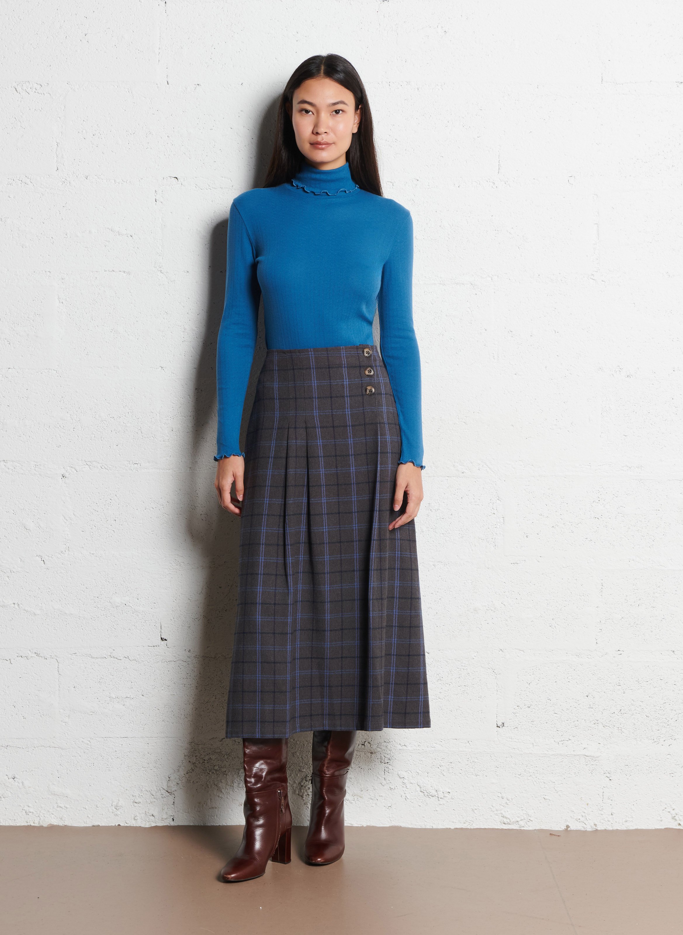 Jupe midi écossaise taille haute NICE THINGS Gris