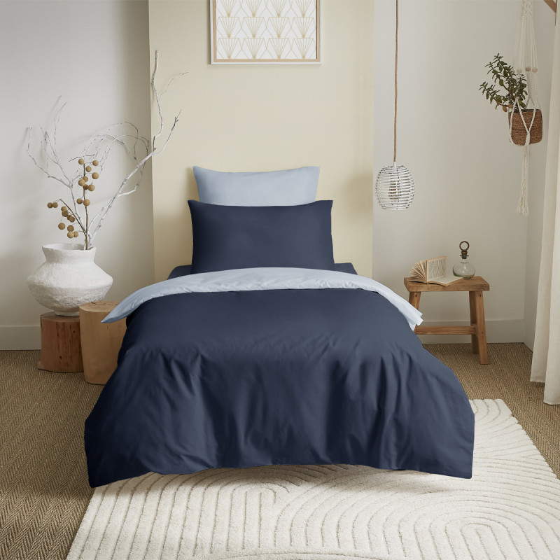 Complete set 4 pieces navy/blue sky reversible duvet cover for bed 90 x 190 cm COTON PUR Blue