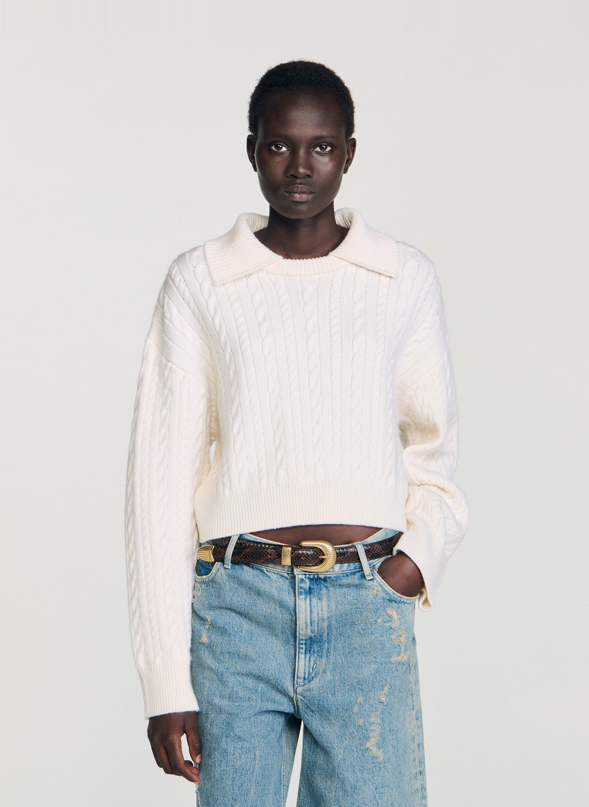 Pull col à revers en maille tressée SANDRO Blanc