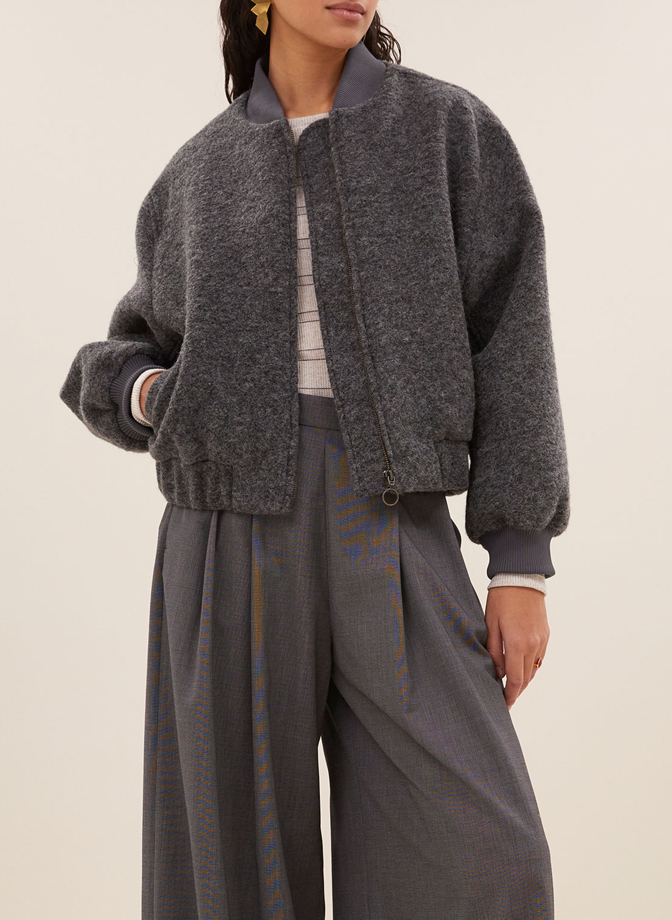 Effen wollen mengsel ritsjack BY BAR Grijs