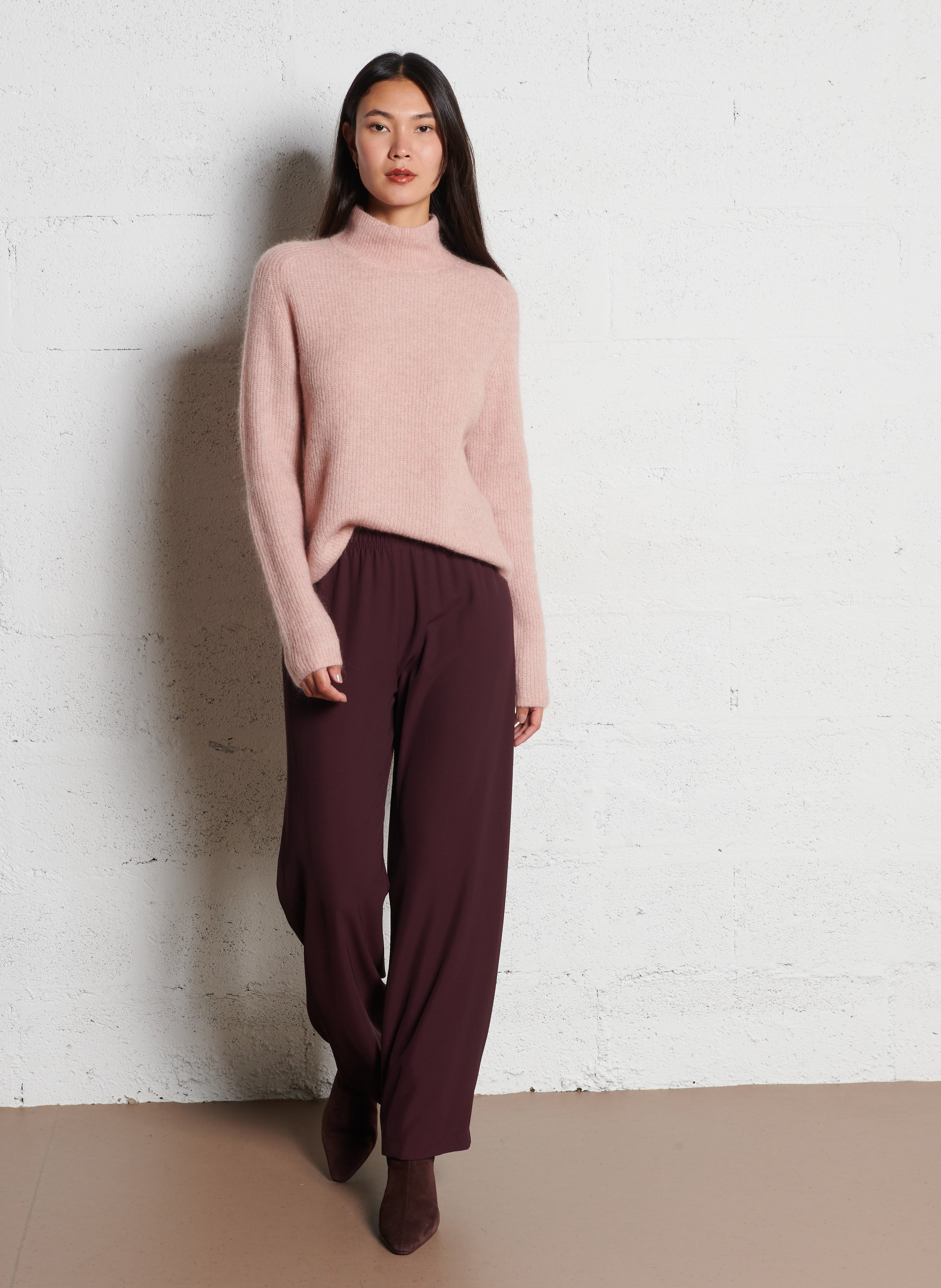 Pull col roulé uni en laine mélangée JC SOPHIE Rose