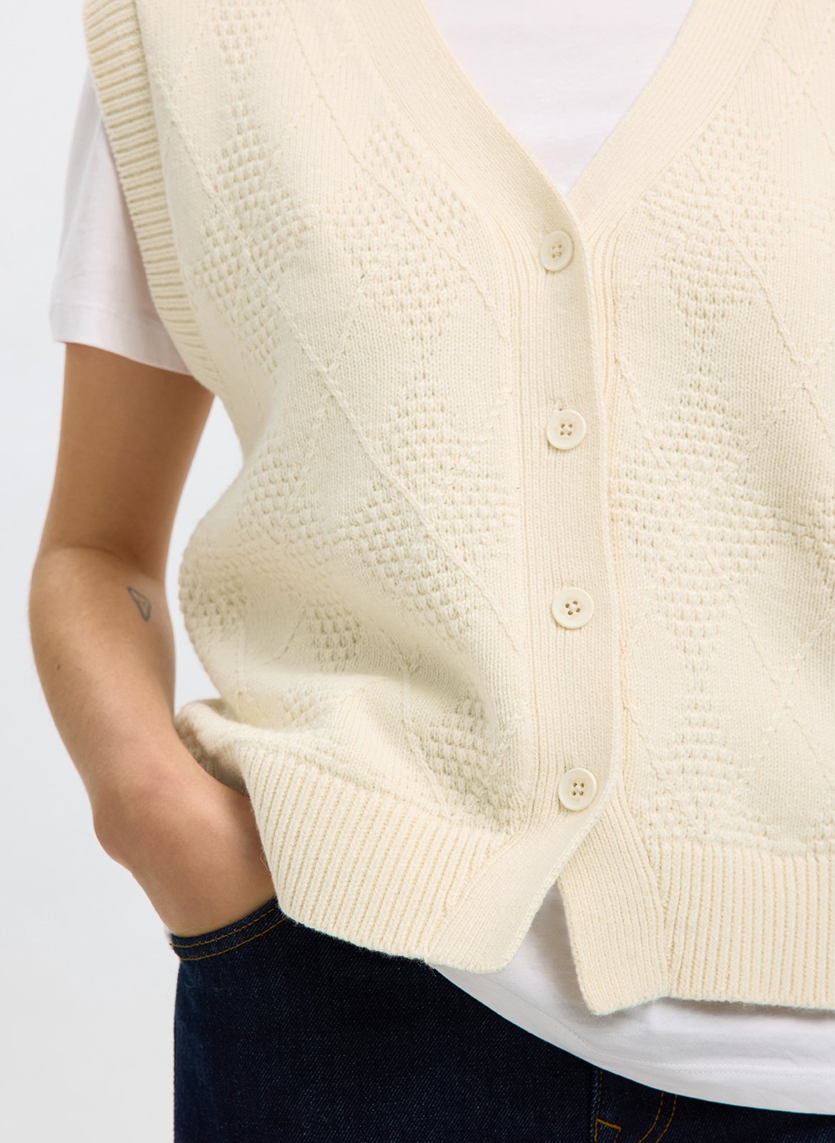 Gilet droit col V en coton et laine SELECTED Blanc