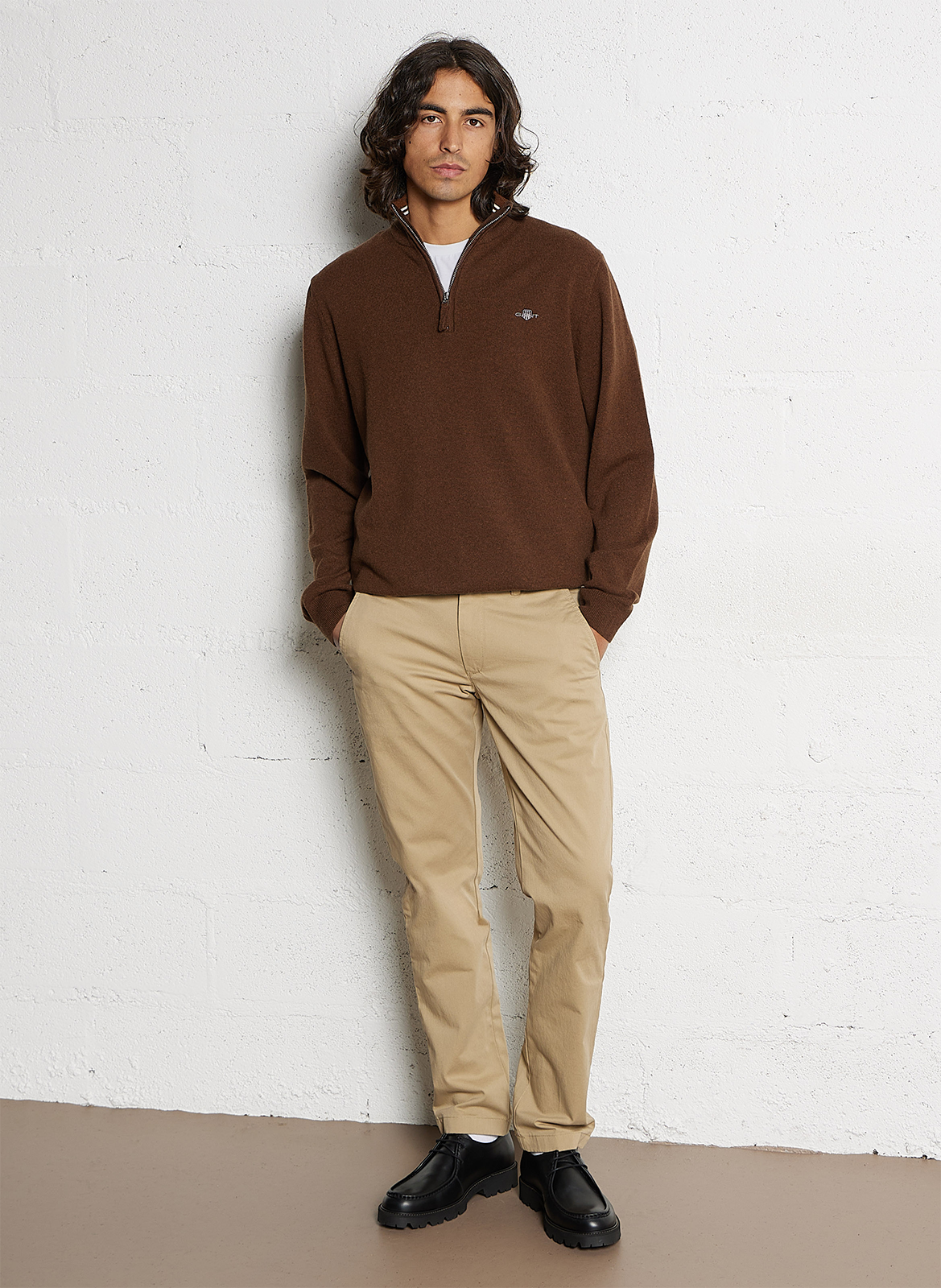 High-neck wool sweater with zip GANT Brown