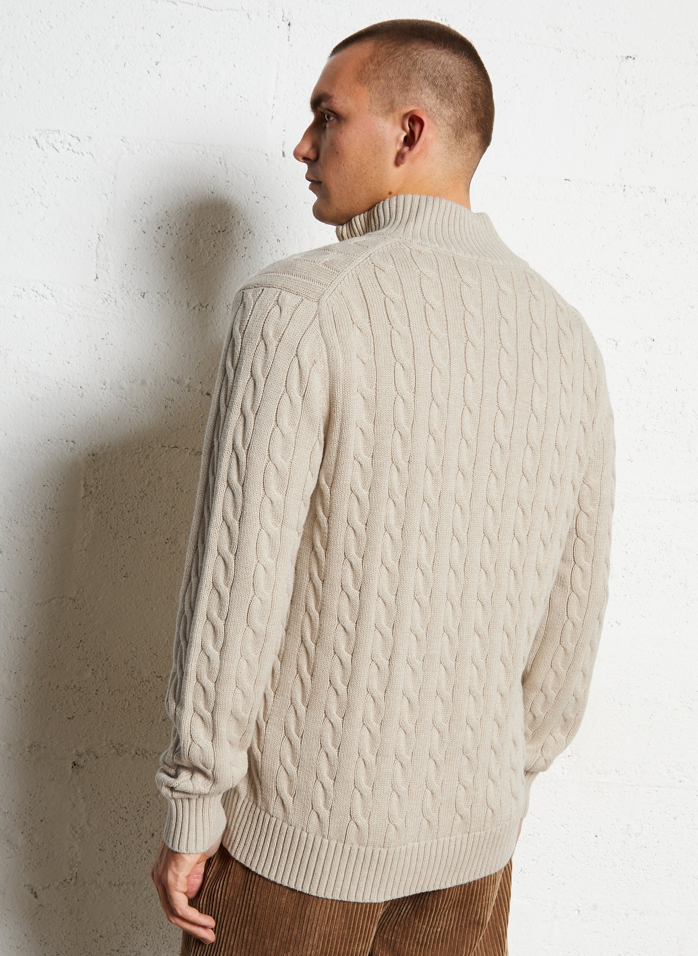 Pull droit col montant brodé en coton torsadé EDEN PARK Beige