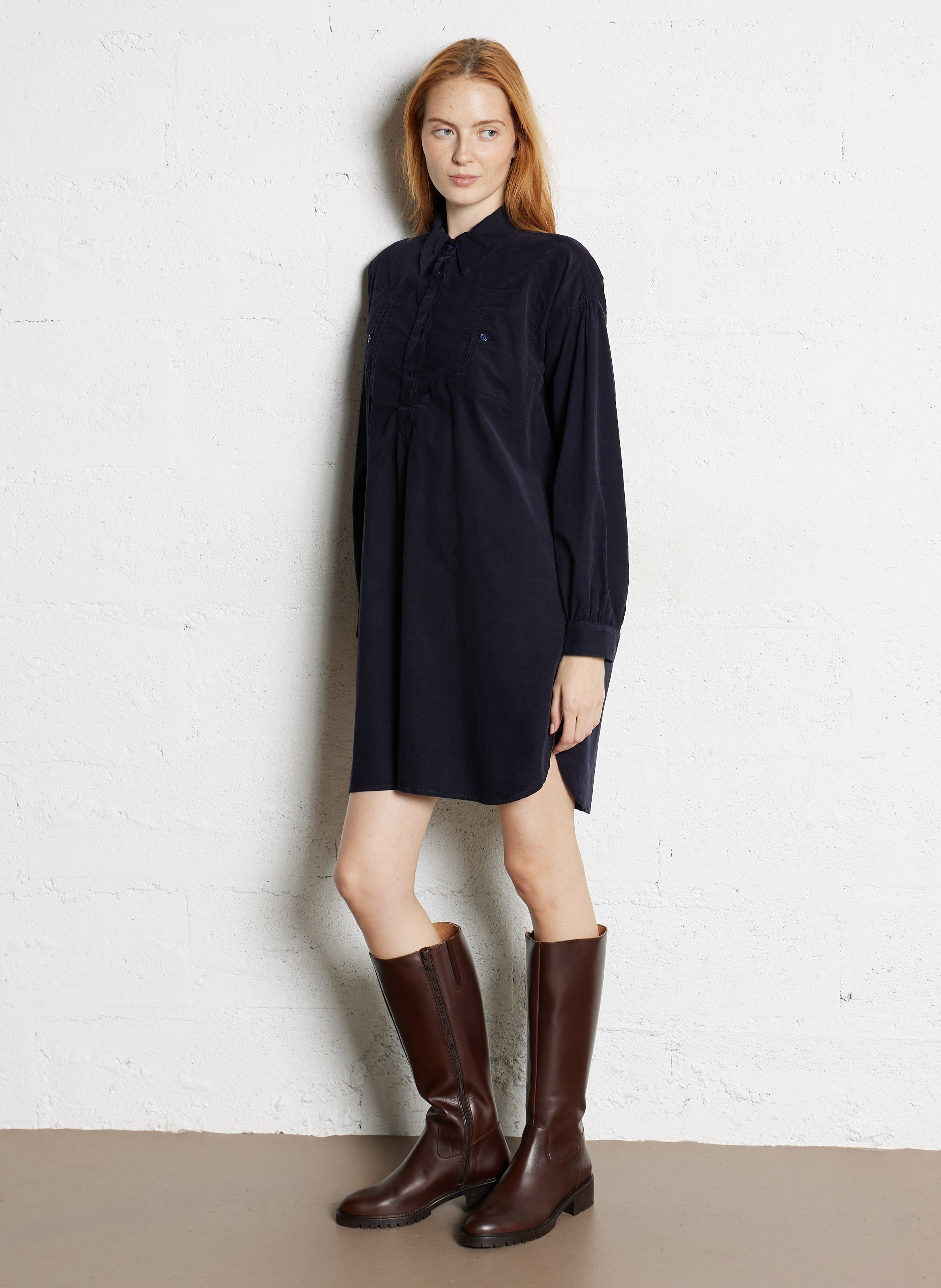 Short cotton loose-fit dress with classic collar HOD PARIS Blue