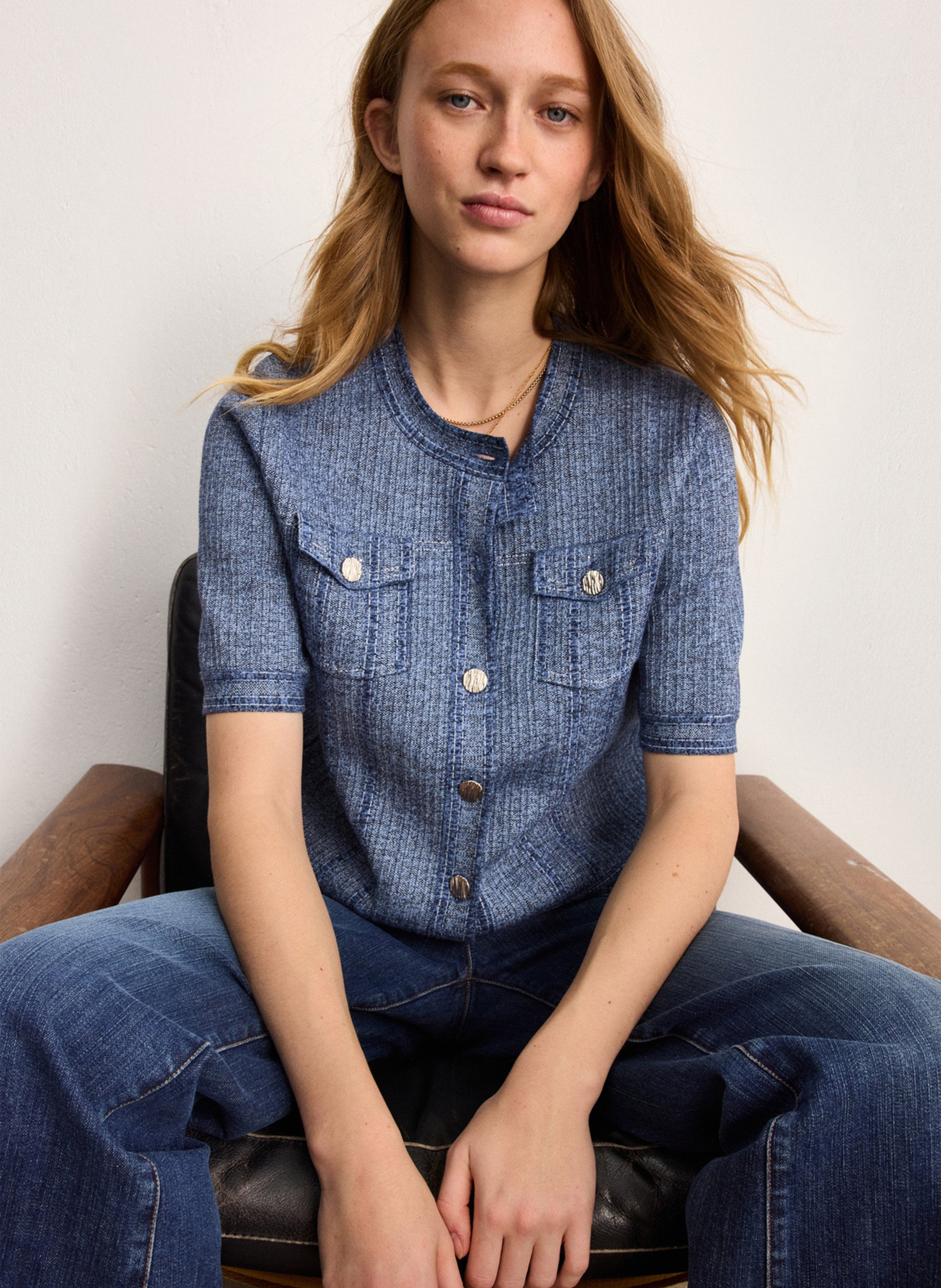 Gilet droit col mao en coton mélangé PABLO Bleu