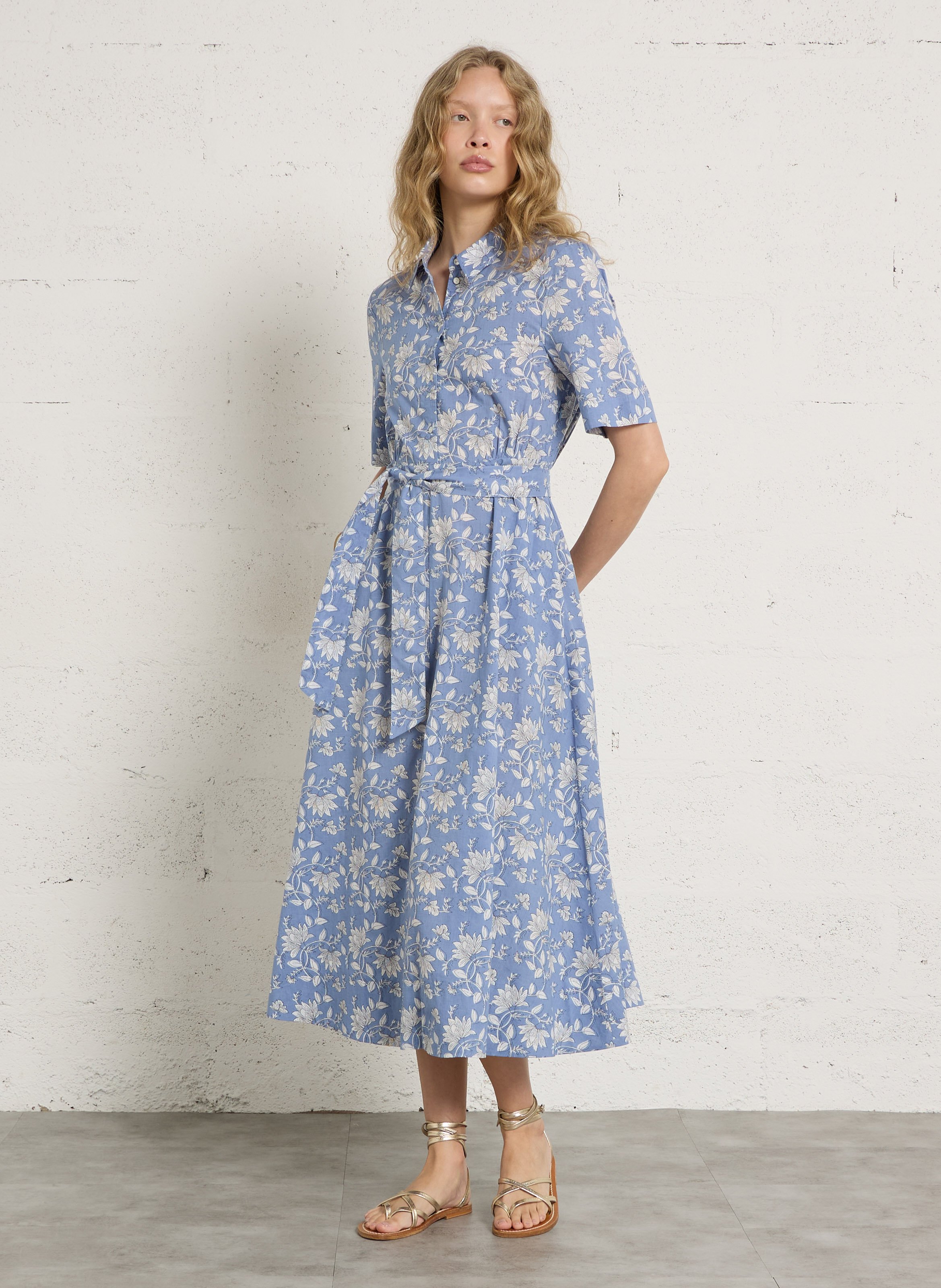 Katoenen lange jurk met klassieke kraag en bloemenprint BELLA JONES Blauw