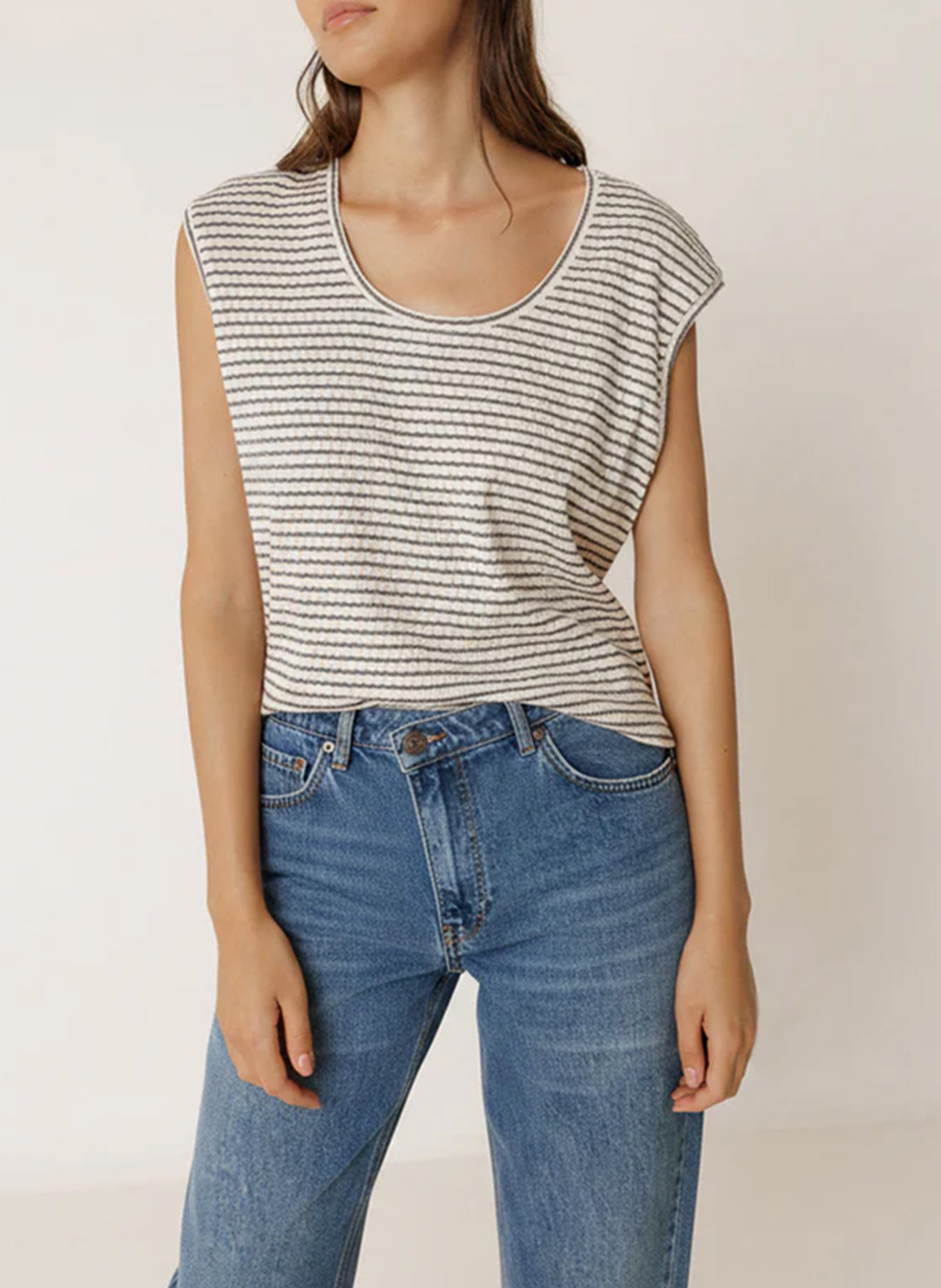 Sleeveless Boxy Striped Organic Cotton T-shirt INDI & COLD Grey