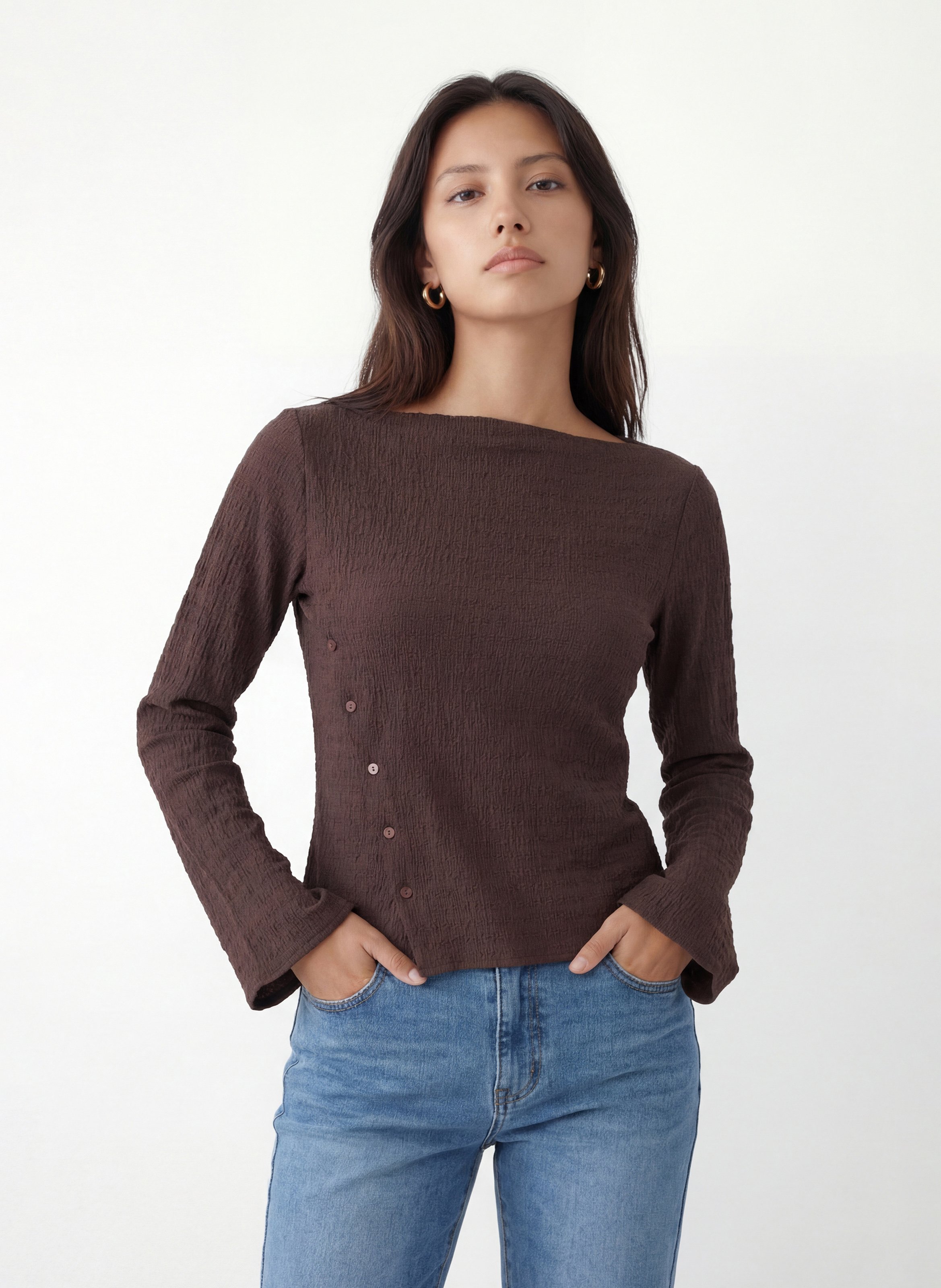 Top droit col bateau texturé KOOKAI Marron