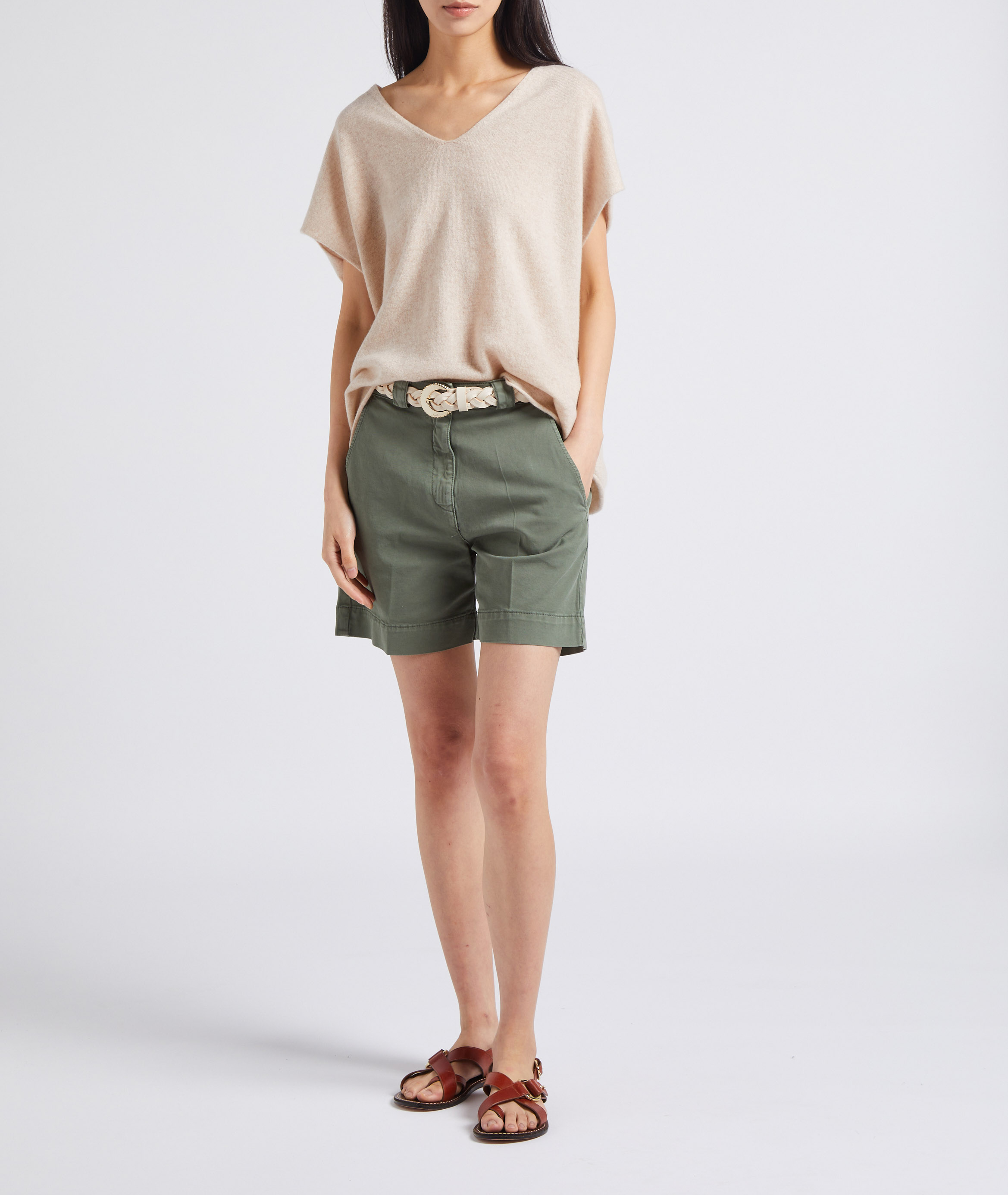 Short large en coton mélangé Kaki