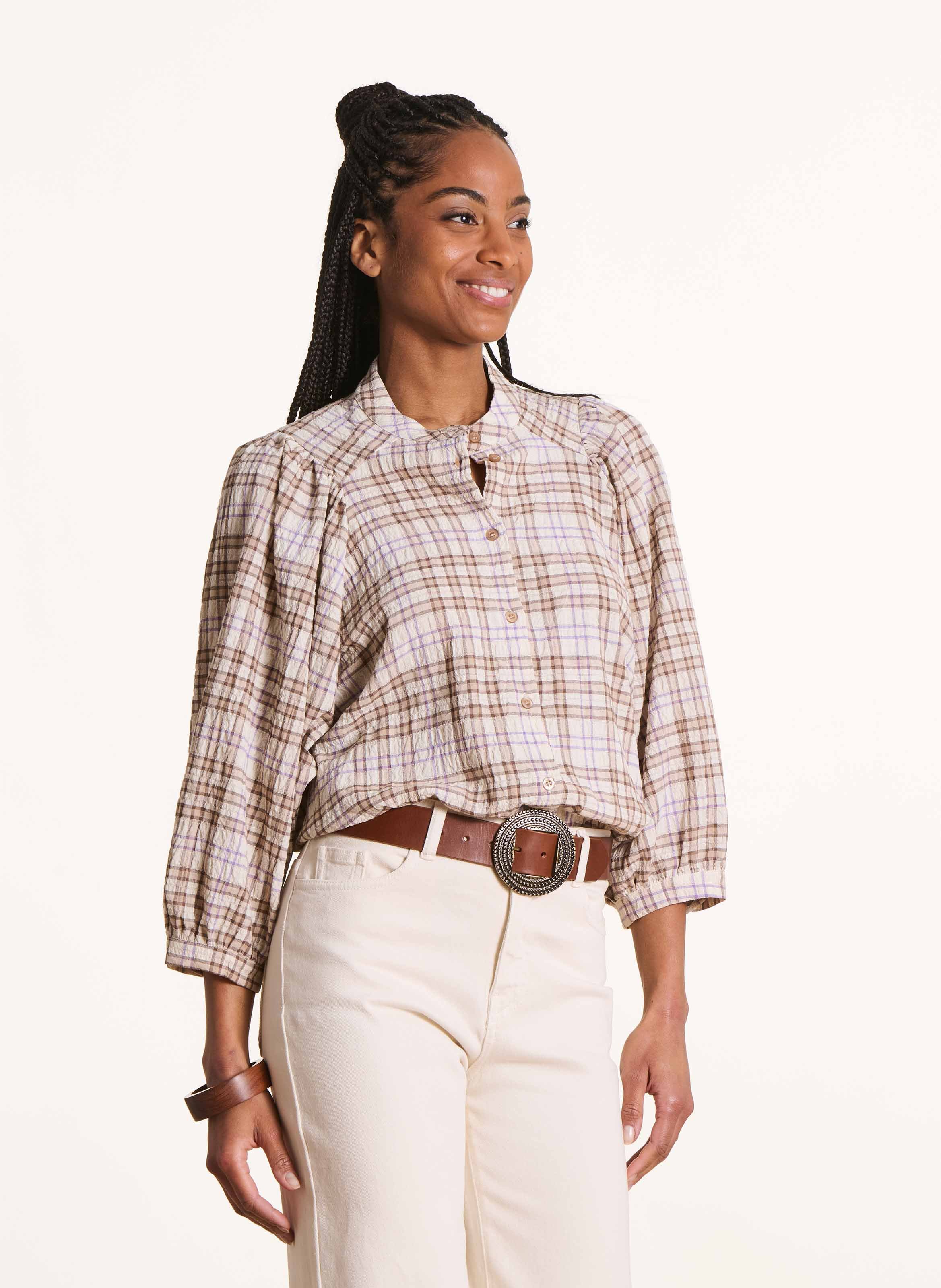 Karo-Bluse mit Rundhalsausschnitt LA FEE MARABOUTEE Weiss