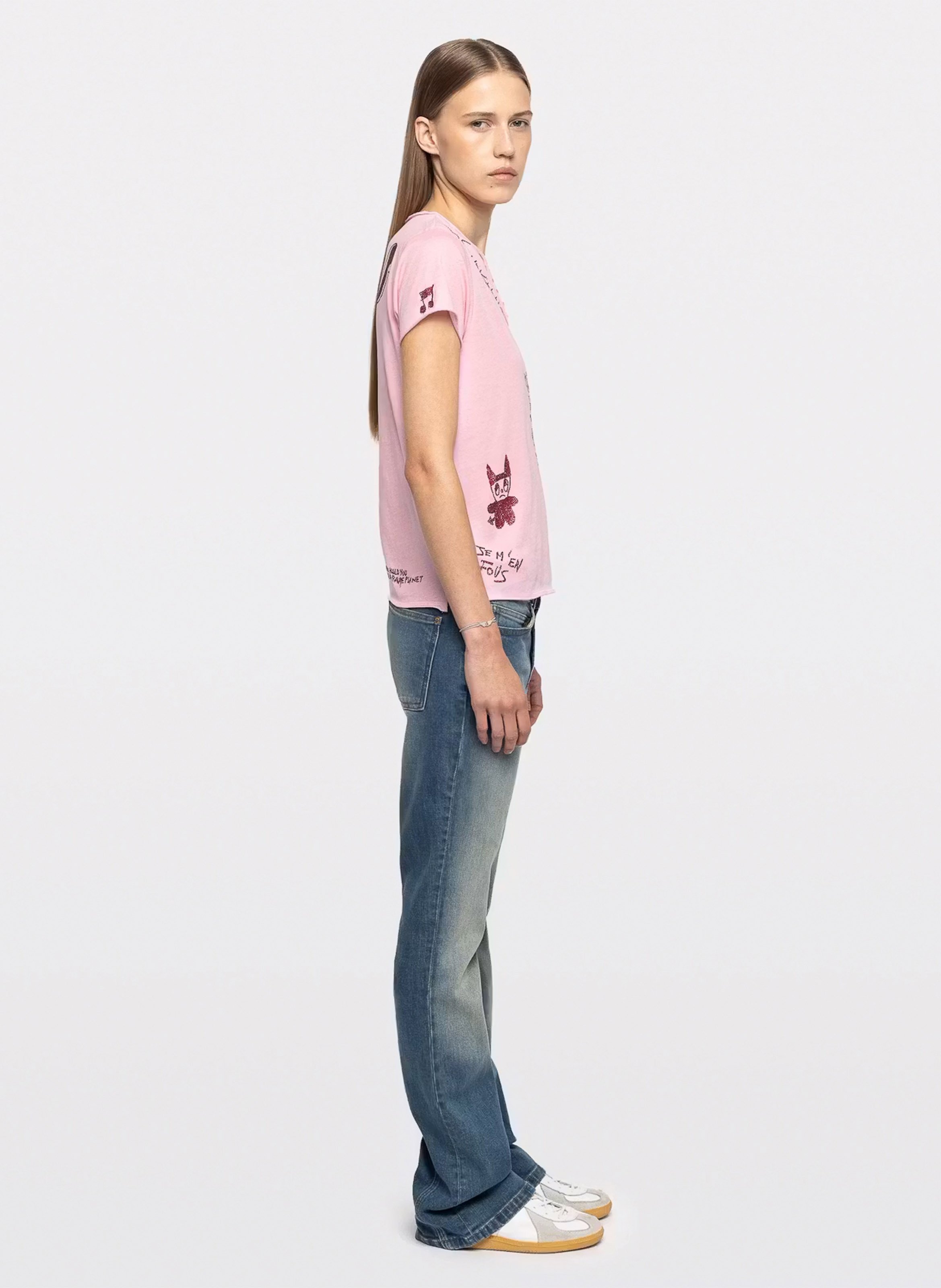 Tee-shirt droit col tunisien en coton imprimé ZADIG&VOLTAIRE Rose