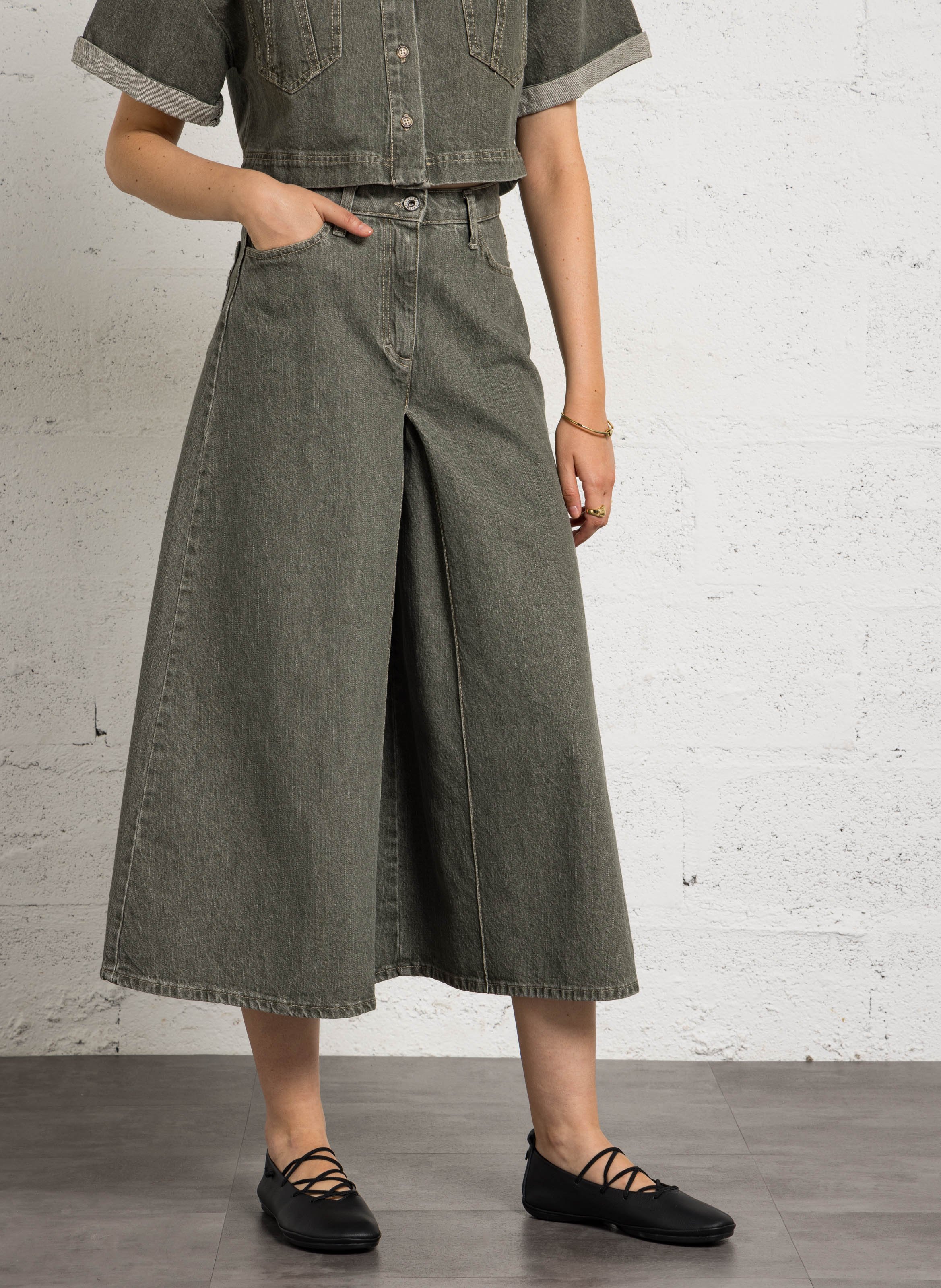 Cotton blend denim culotte skirt PLEASE Green