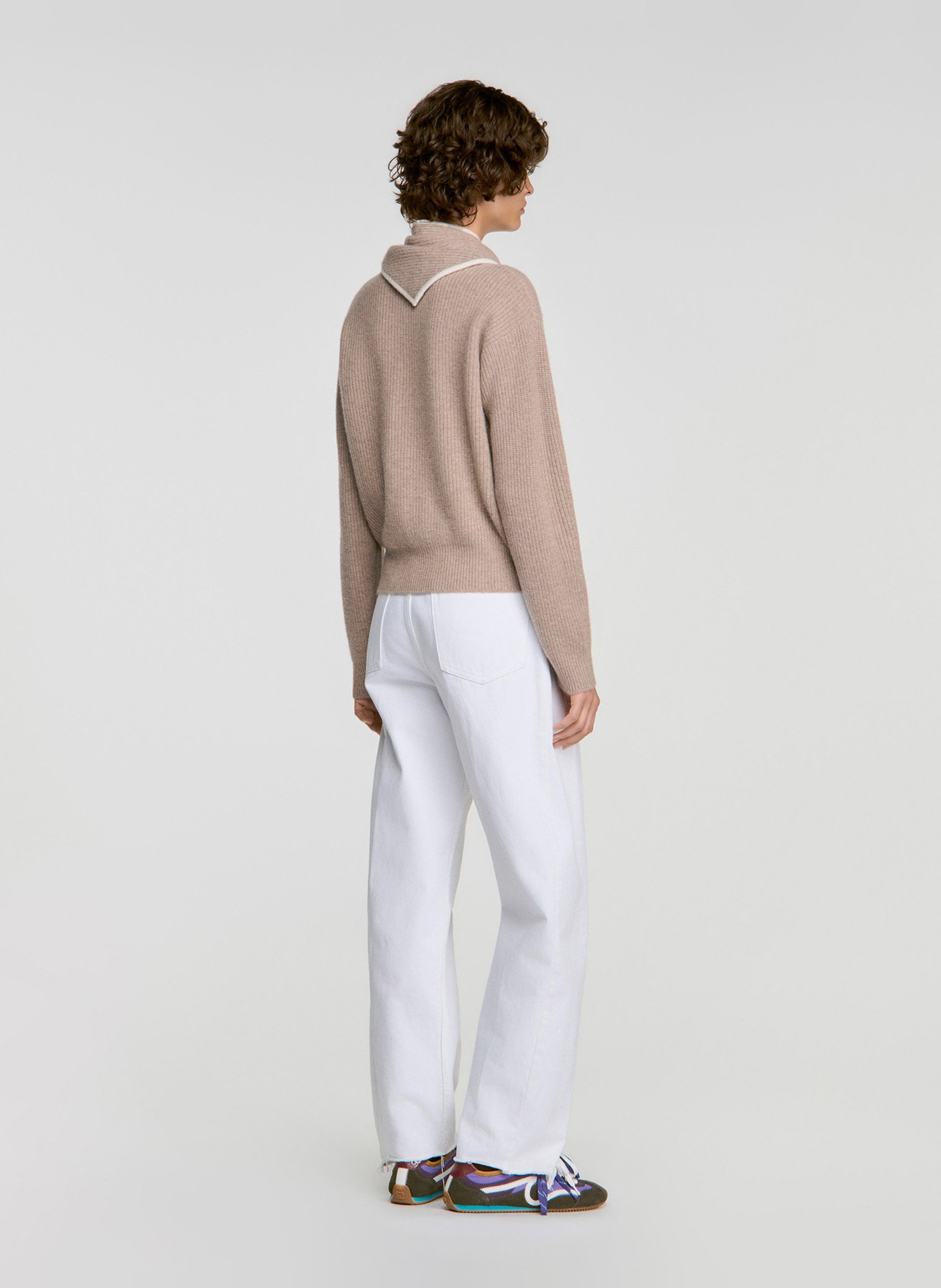 Pull droit à foulard en laine et cachemire SANDRO Beige