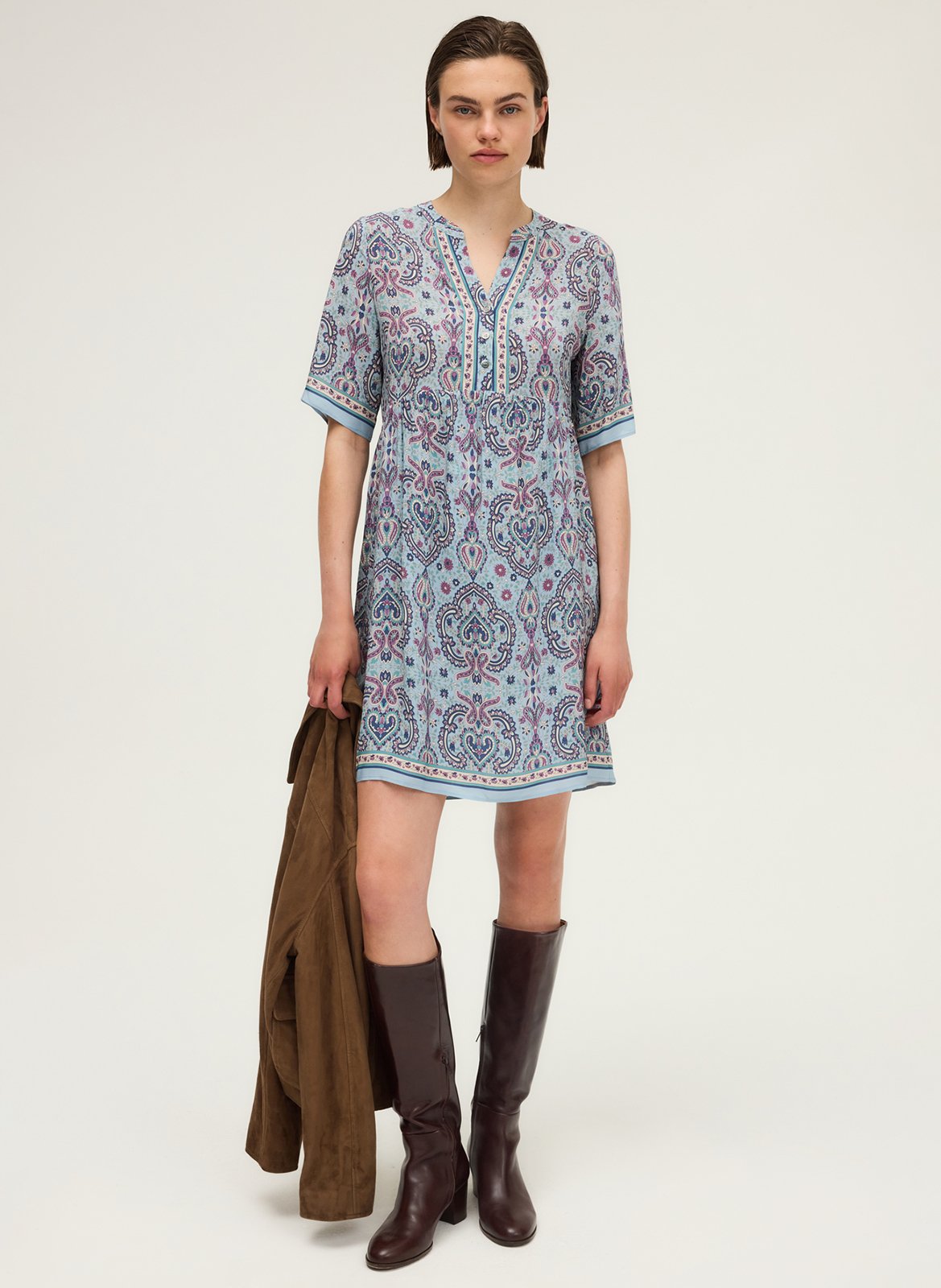 Robe courte col tunisien imprimée PABLO Bleu