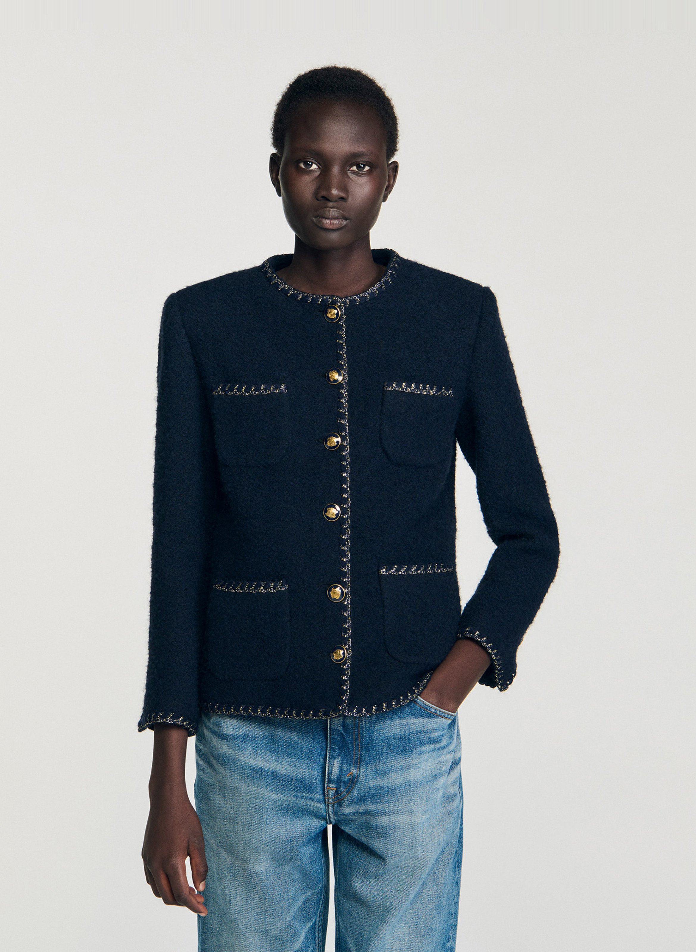 Veste droit col montant en maille SANDRO Bleu